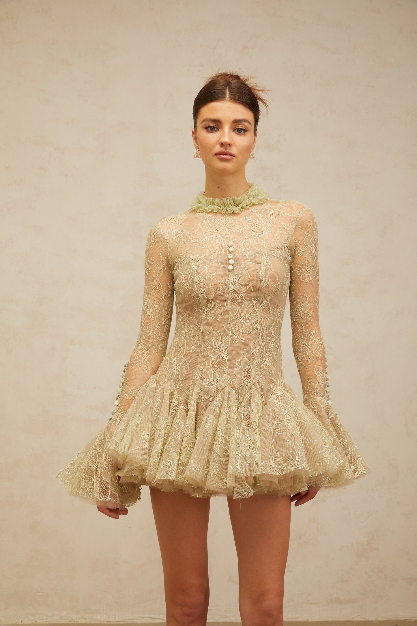 Mélodie green embroidered flared mini dress