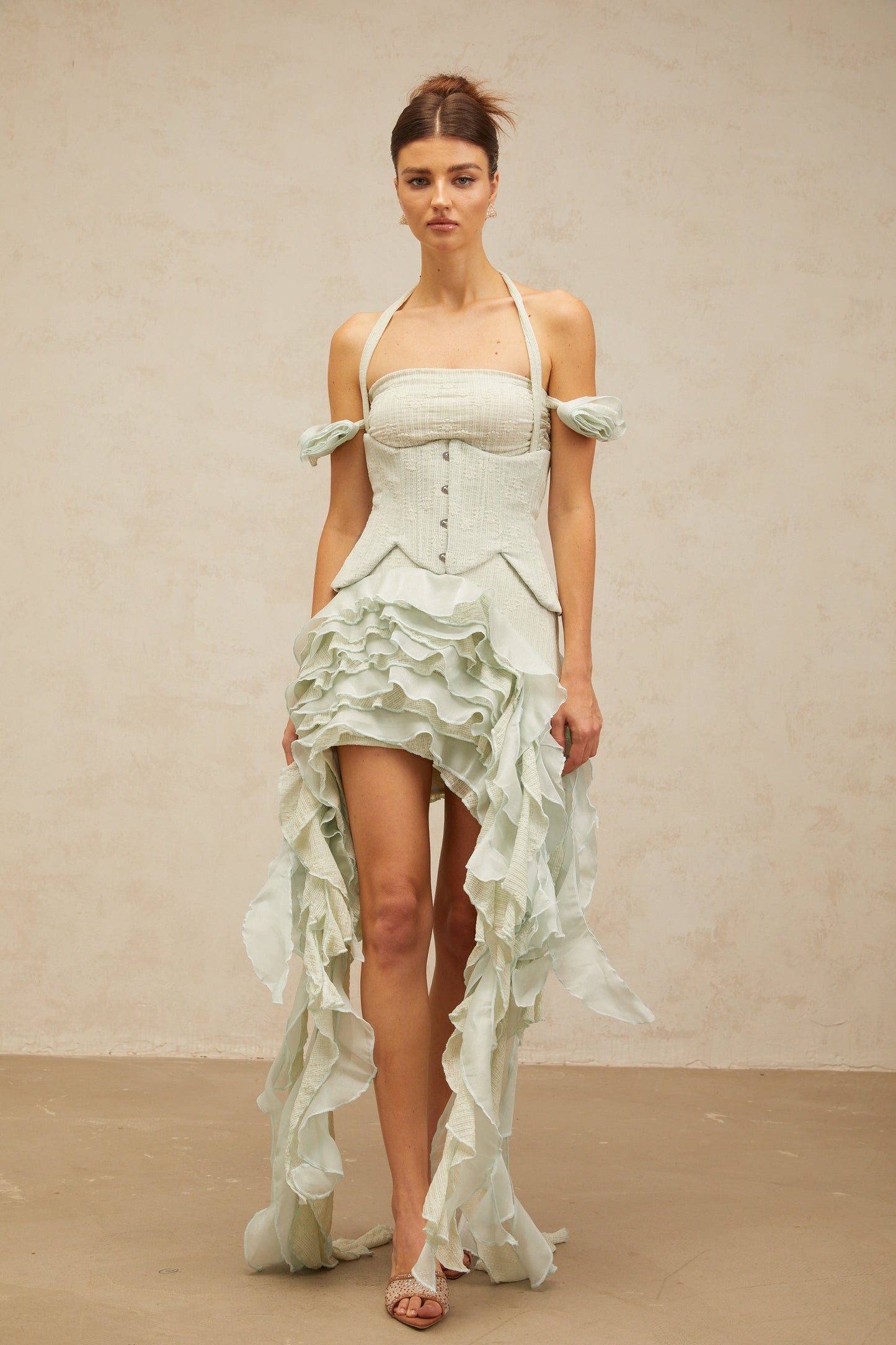 Patricia green floral-appliqué asymmetrical ruffled mini dress