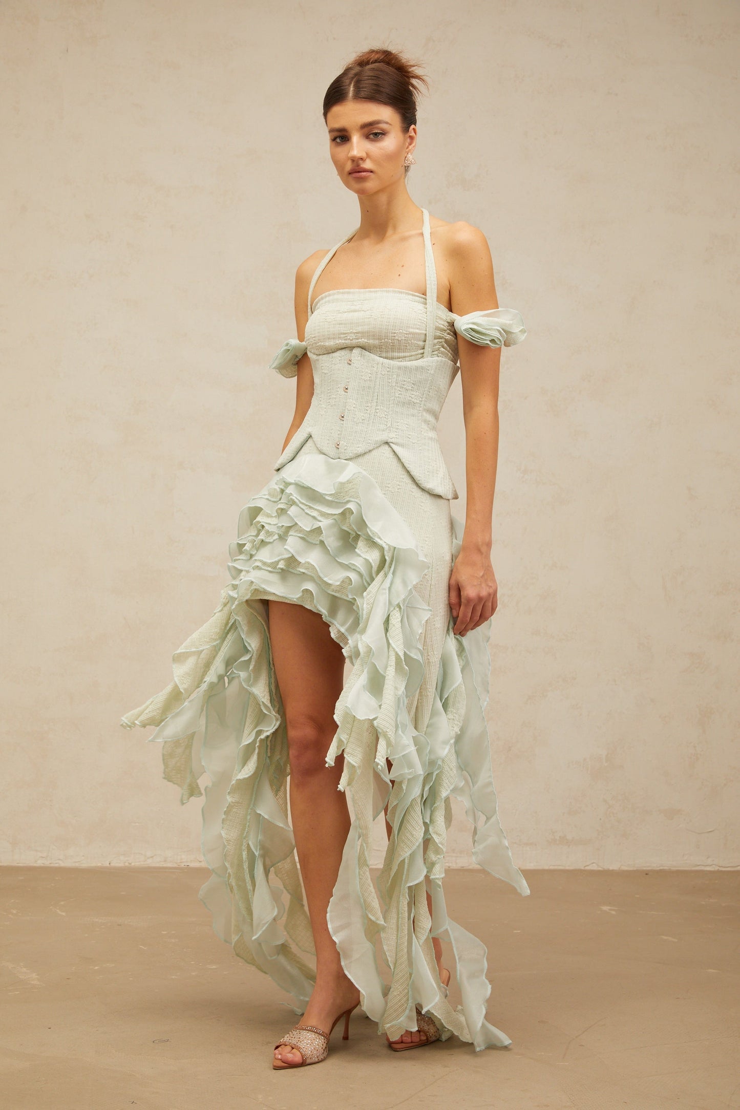 Patricia green floral-appliqué asymmetrical ruffled mini dress