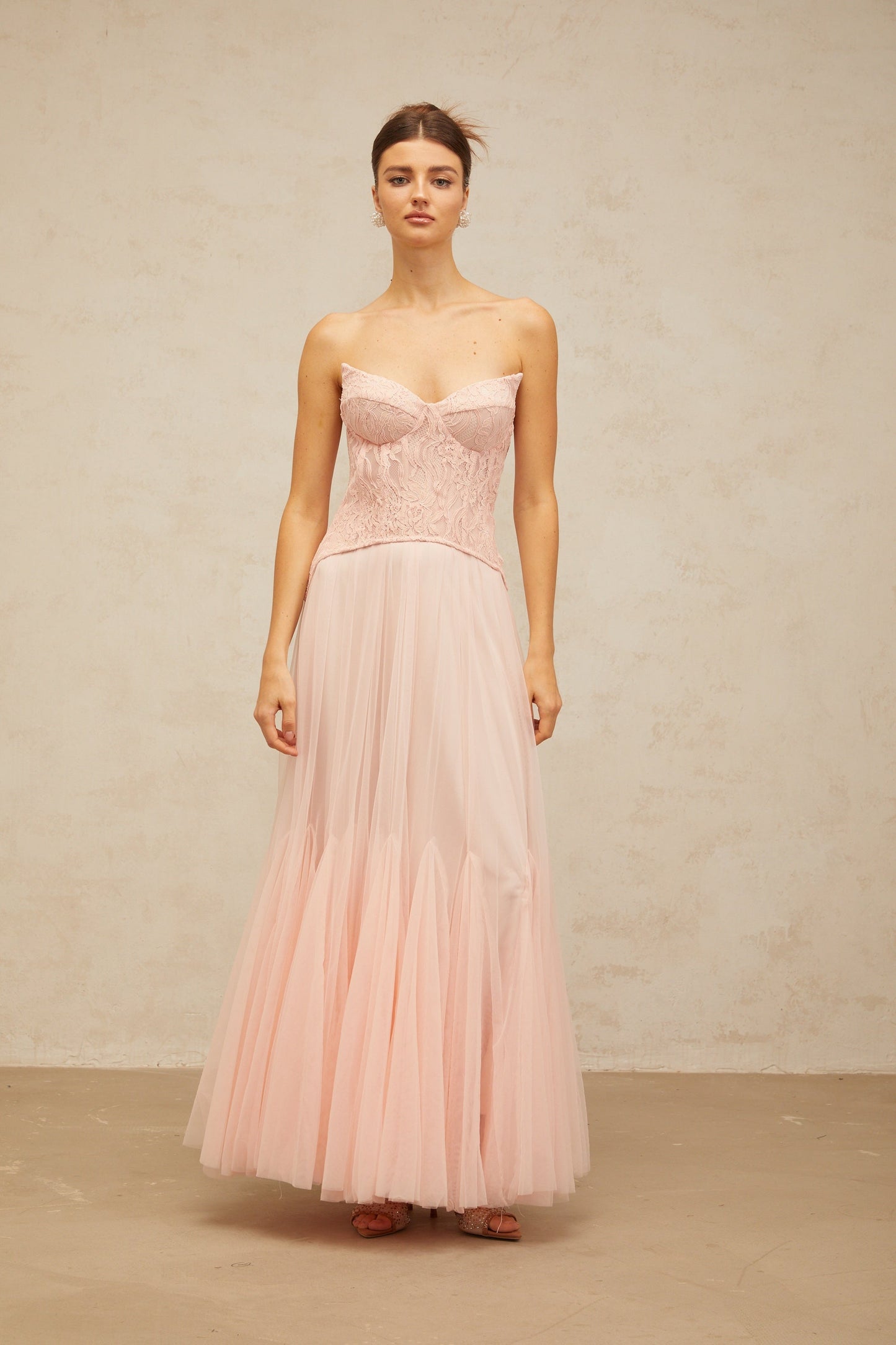 Ulrique pink lace corset tulle maxi dress