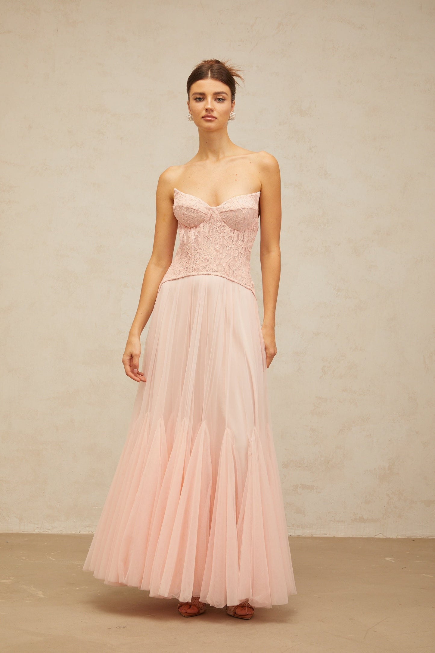 Ulrique pink lace corset tulle maxi dress