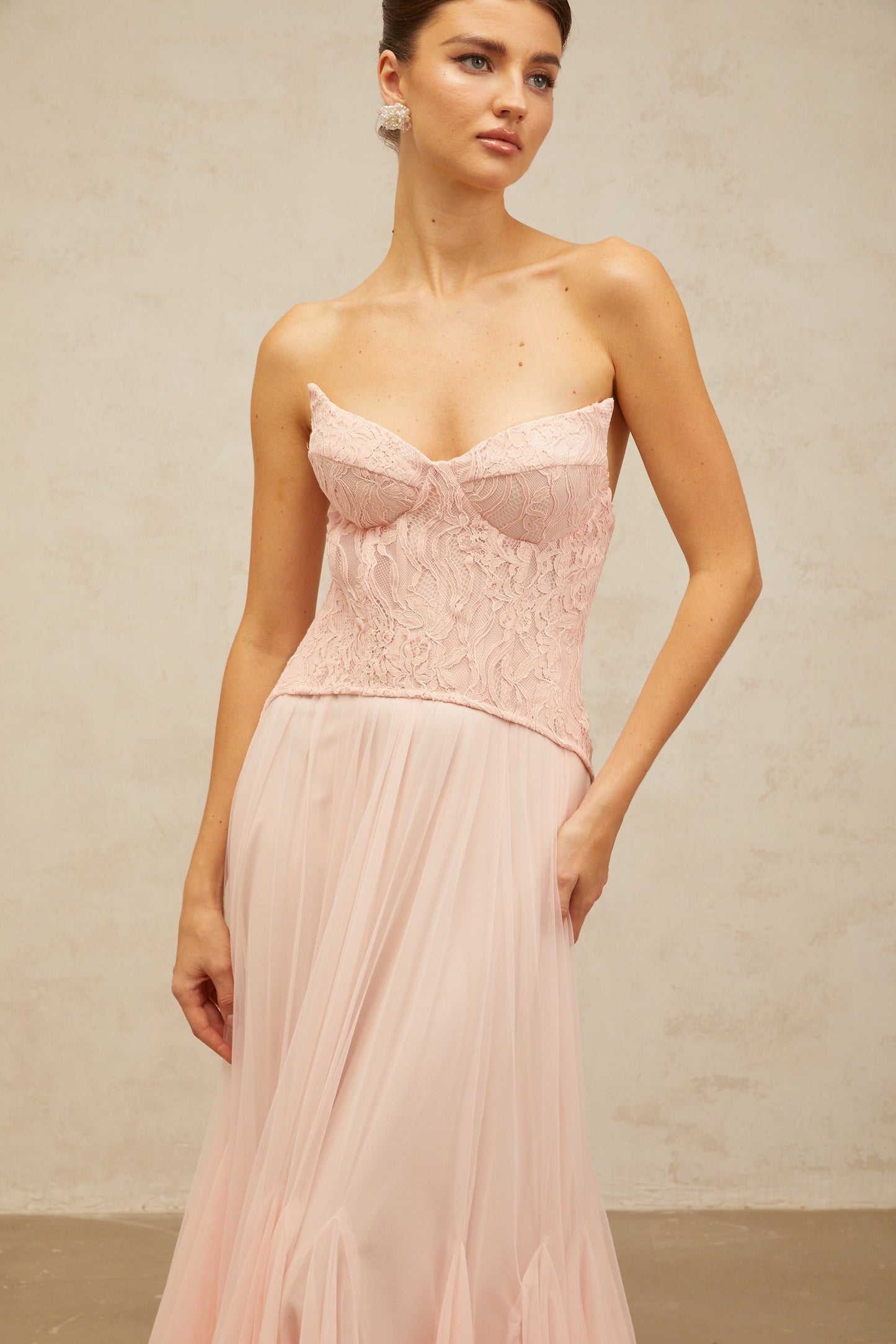 Ulrique pink lace corset tulle maxi dress
