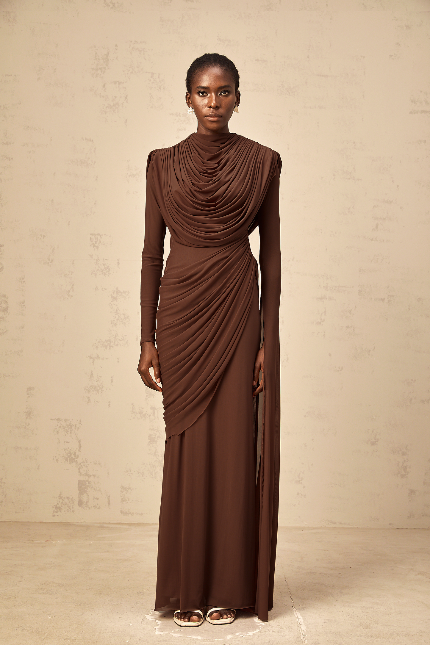 Danaé brown shirred-effect draped maxi dress