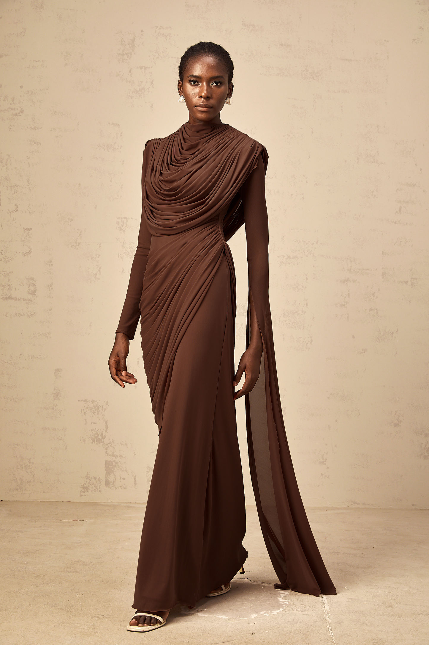 Danaé brown shirred-effect draped maxi dress