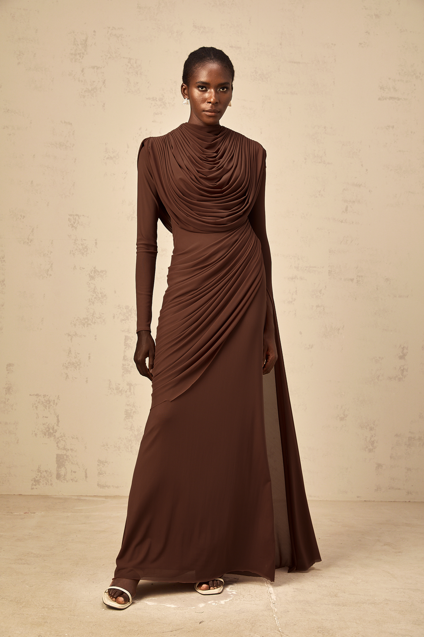 Danaé brown shirred-effect draped maxi dress