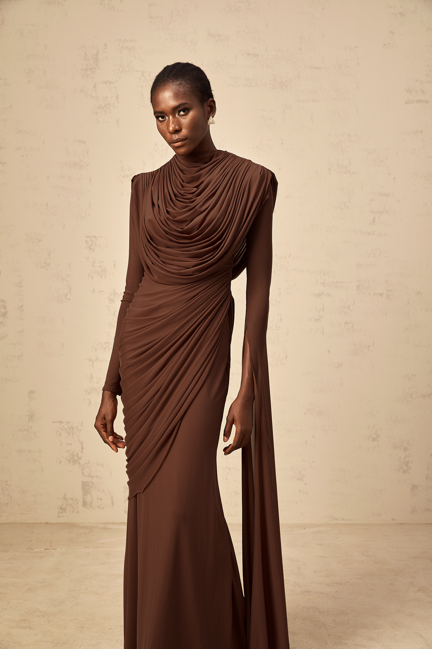 Danaé brown shirred-effect draped maxi dress