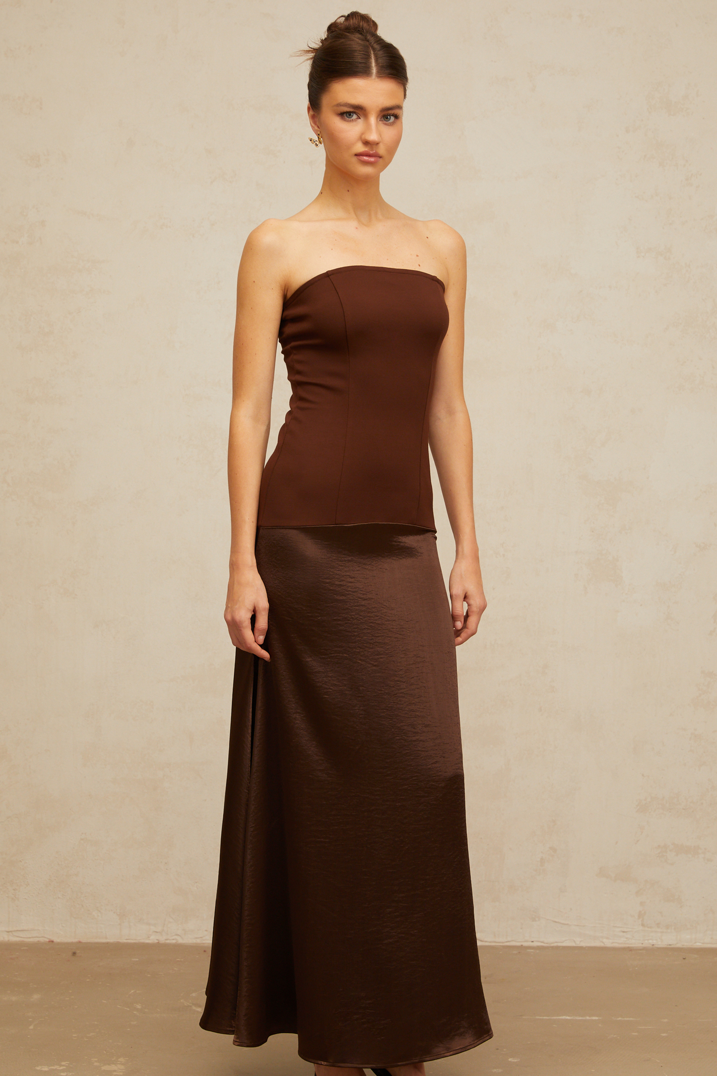 Blaise brown off-shoulder satin-panel maxi dress