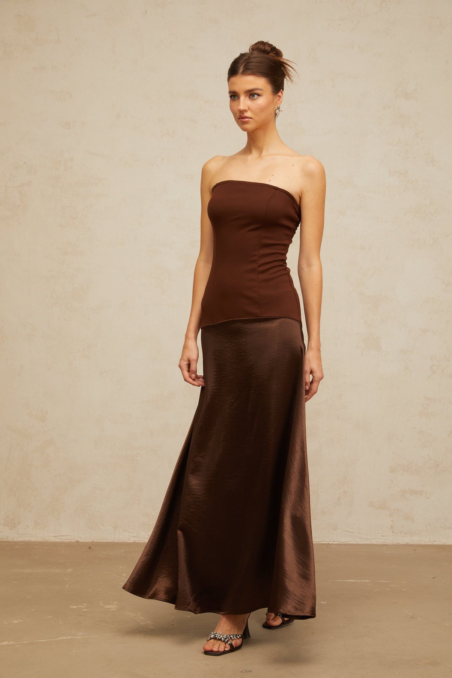 Blaise brown off-shoulder satin-panel maxi dress