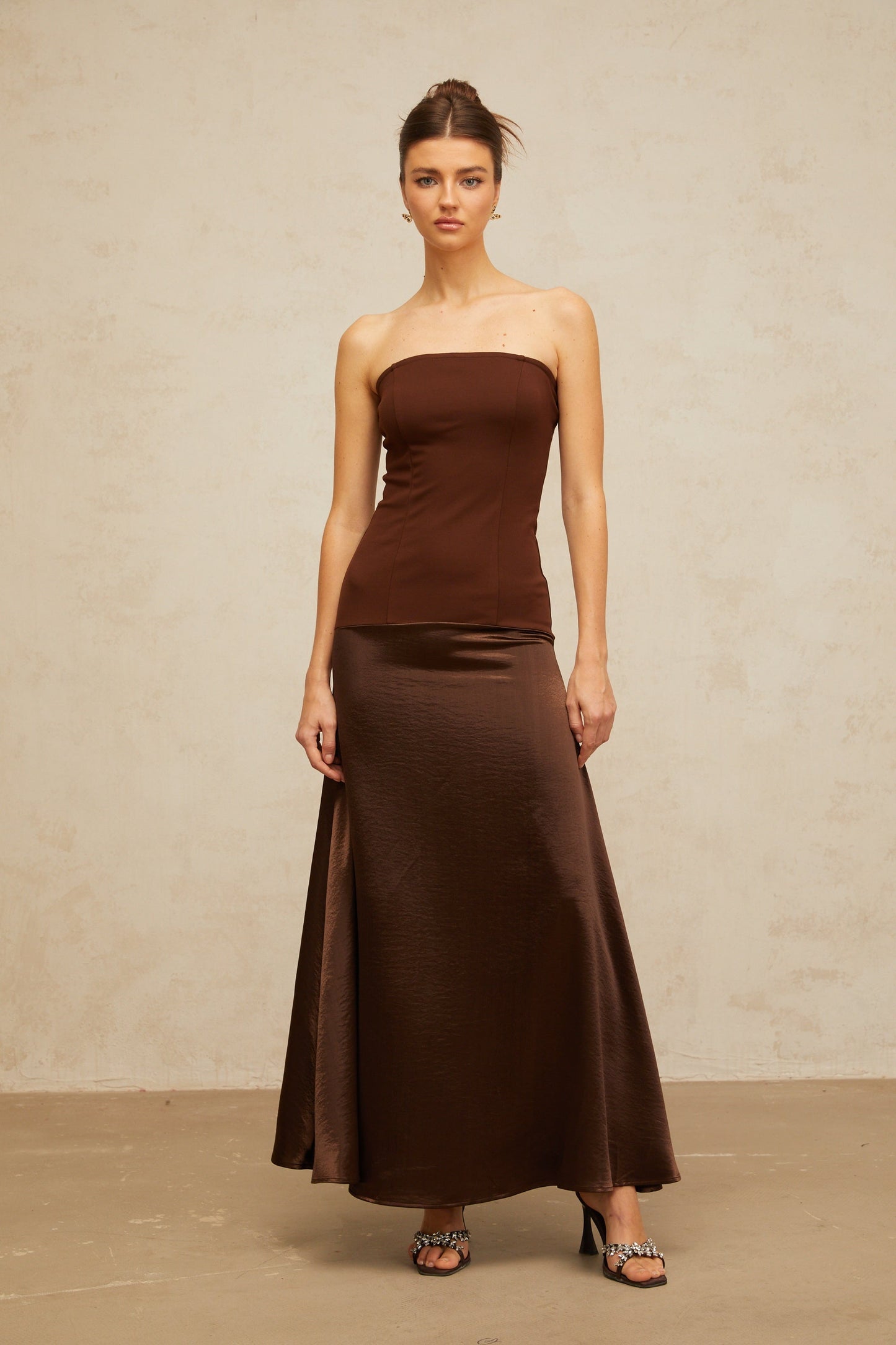 Blaise brown off-shoulder satin-panel maxi dress