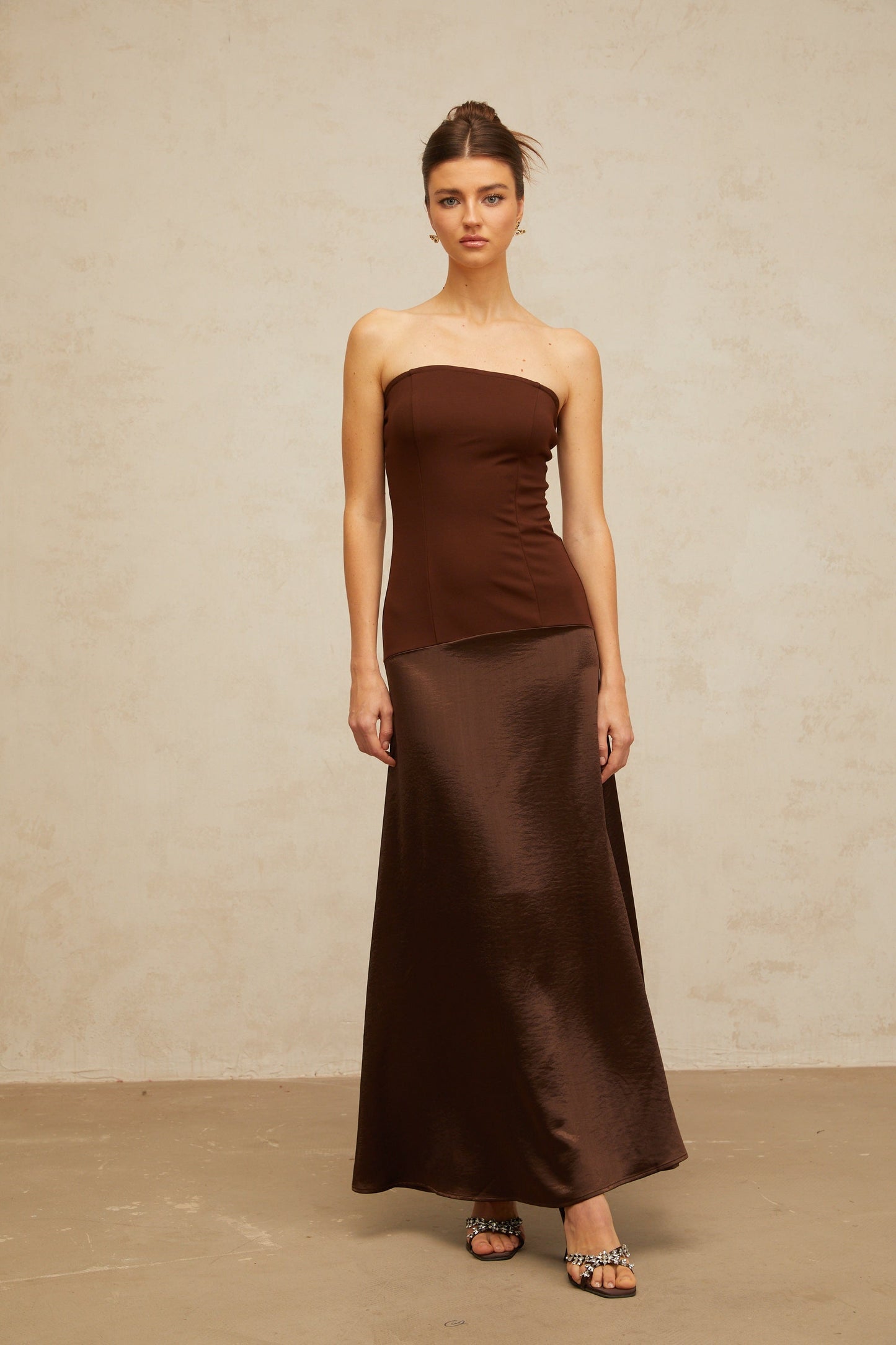 Blaise brown off-shoulder satin-panel maxi dress