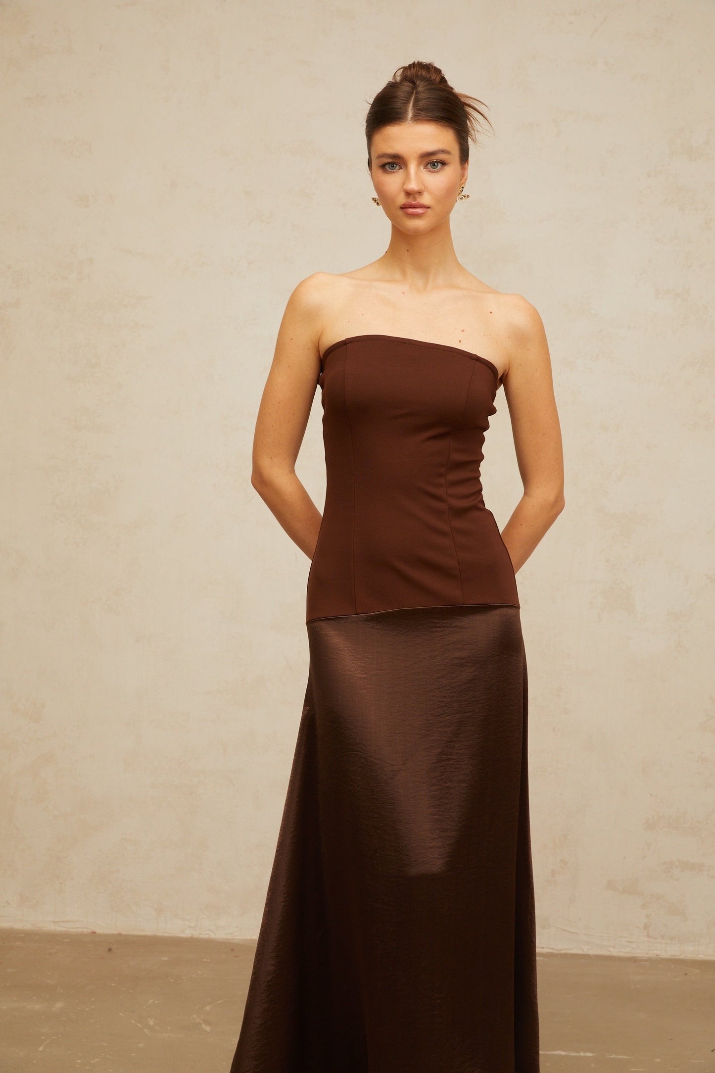 Blaise brown off-shoulder satin-panel maxi dress