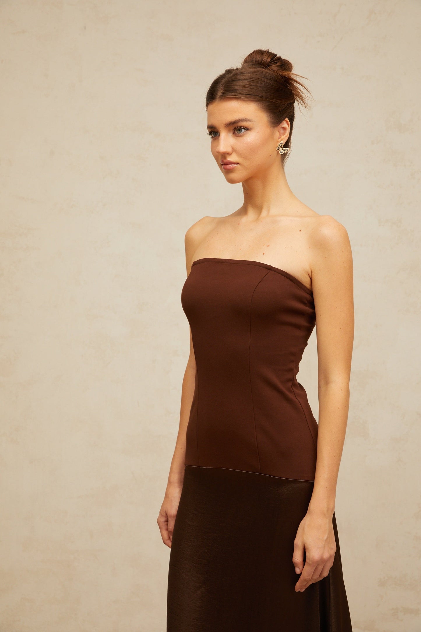 Blaise brown off-shoulder satin-panel maxi dress