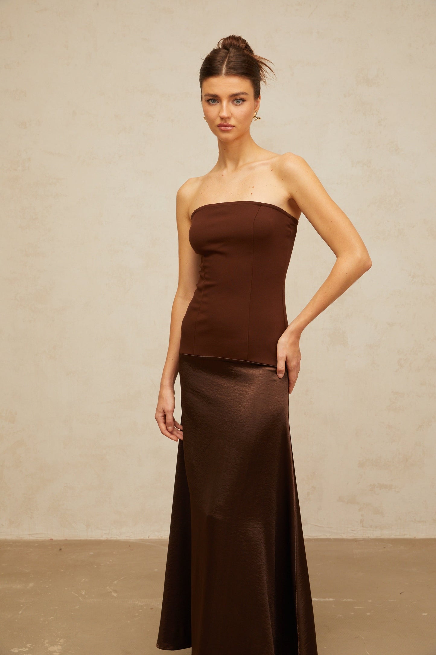Blaise brown off-shoulder satin-panel maxi dress