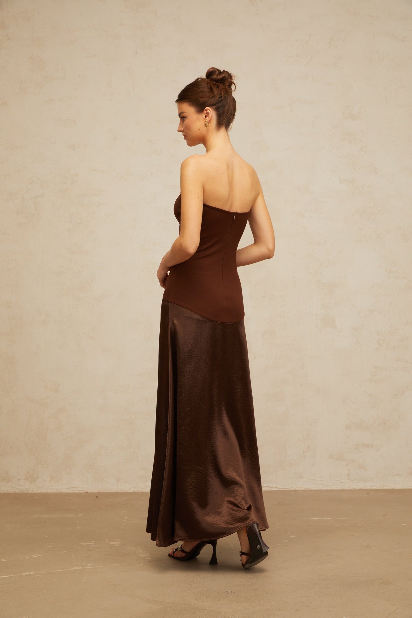 Blaise brown off-shoulder satin-panel maxi dress