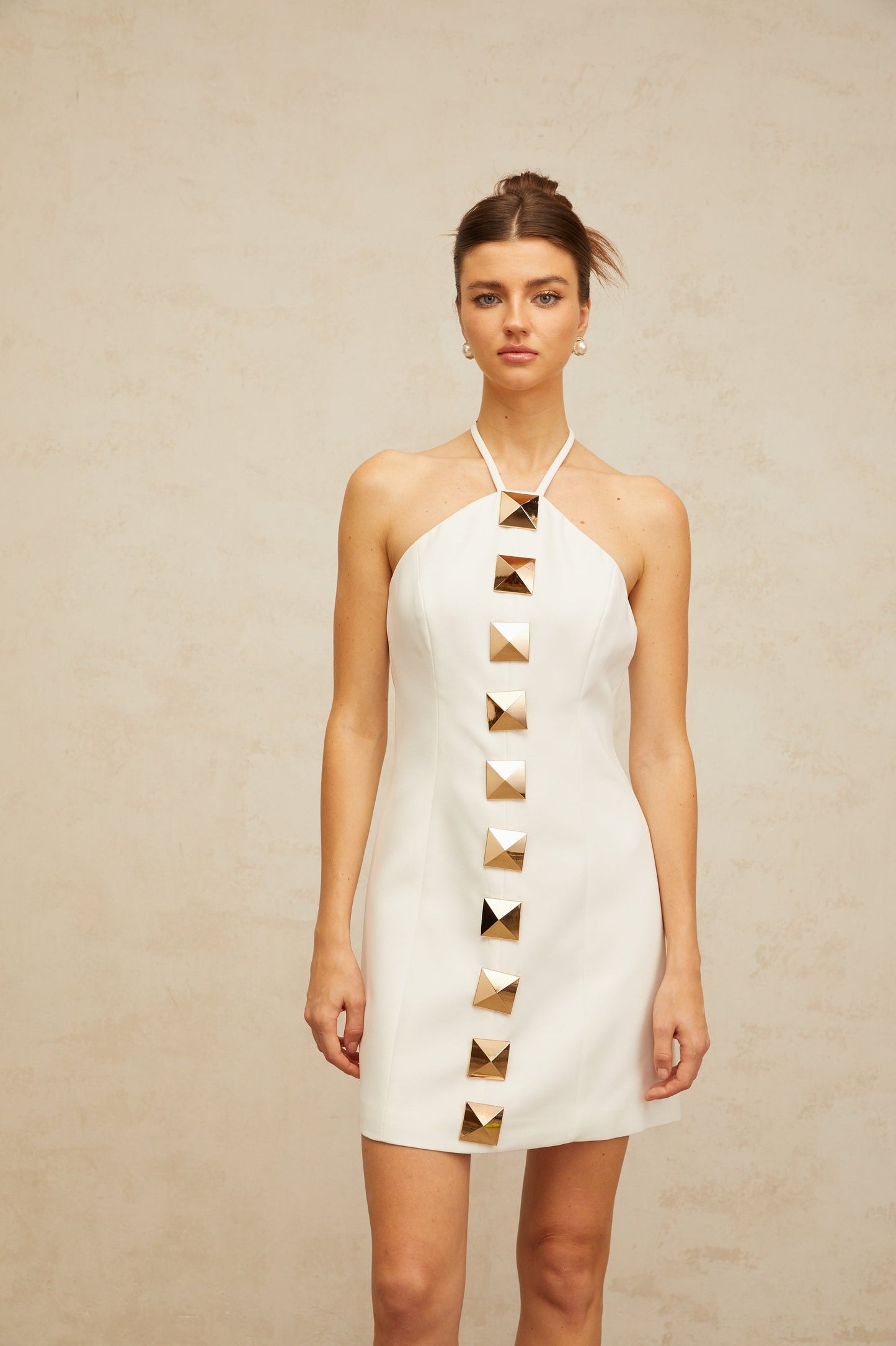 Annabelle white halterneck A-line mini dress