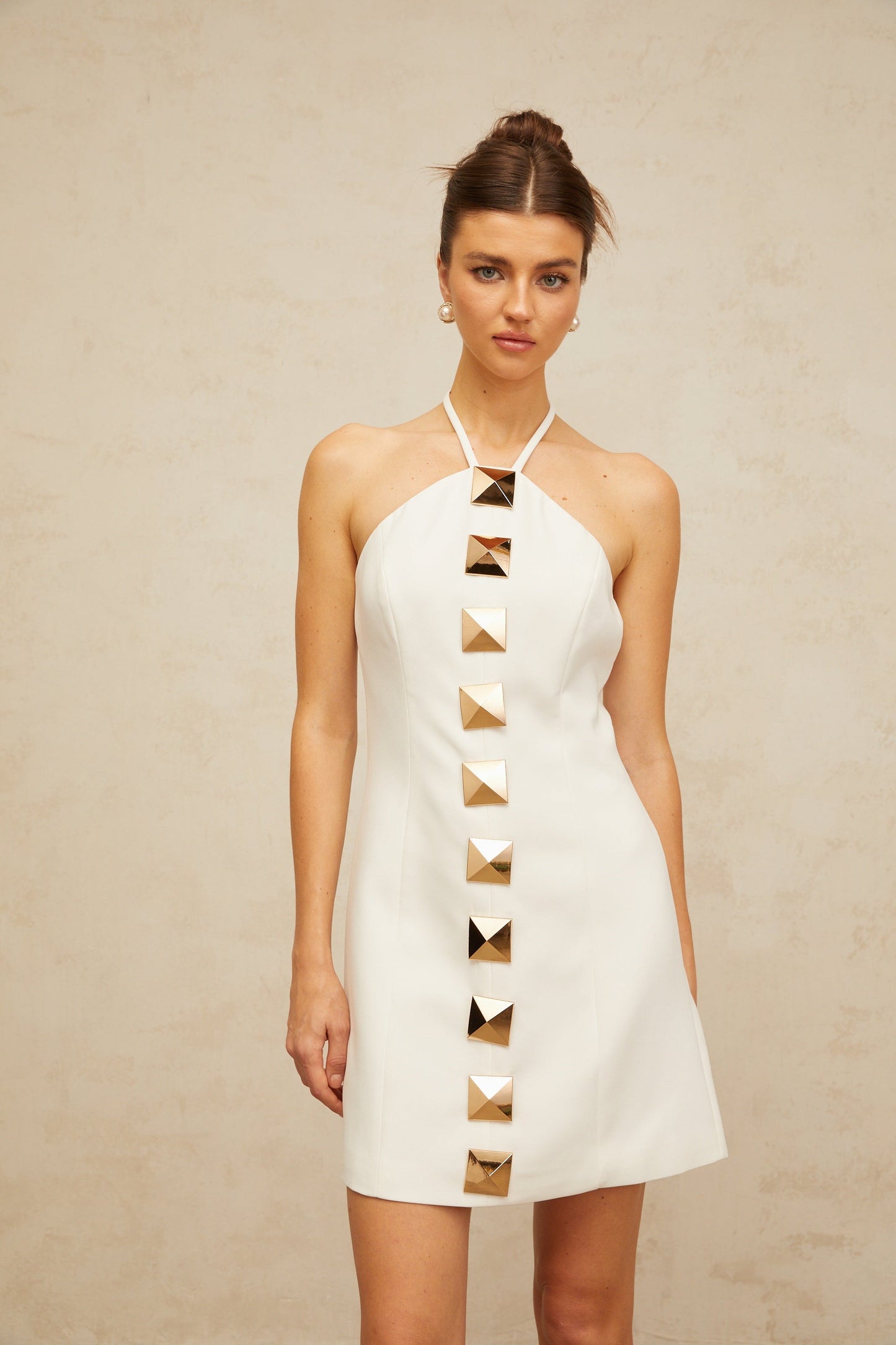 Annabelle white halterneck A-line mini dress