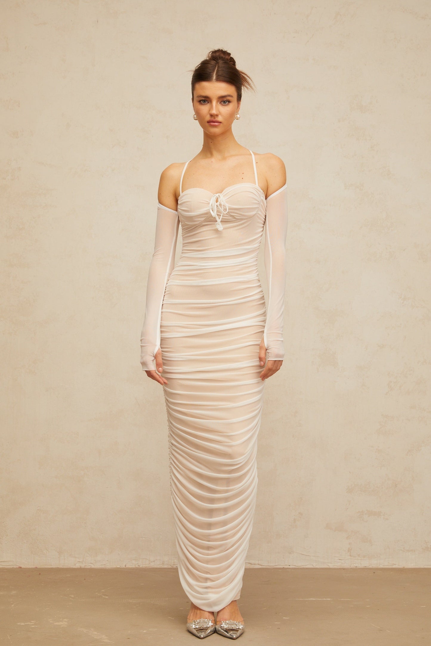 Ulysse white ruched bustier tulle maxi dress