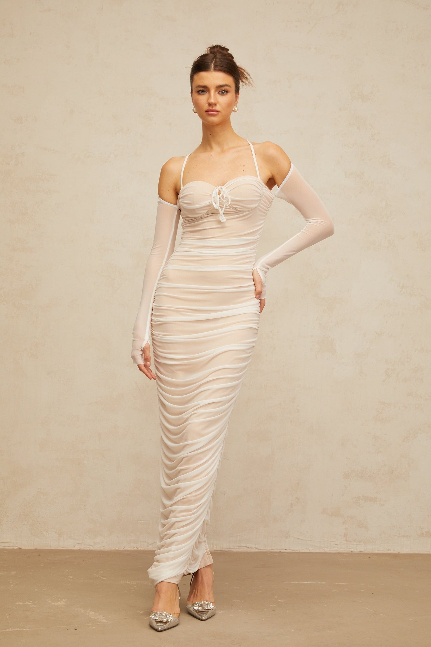 Ulysse white ruched bustier tulle maxi dress