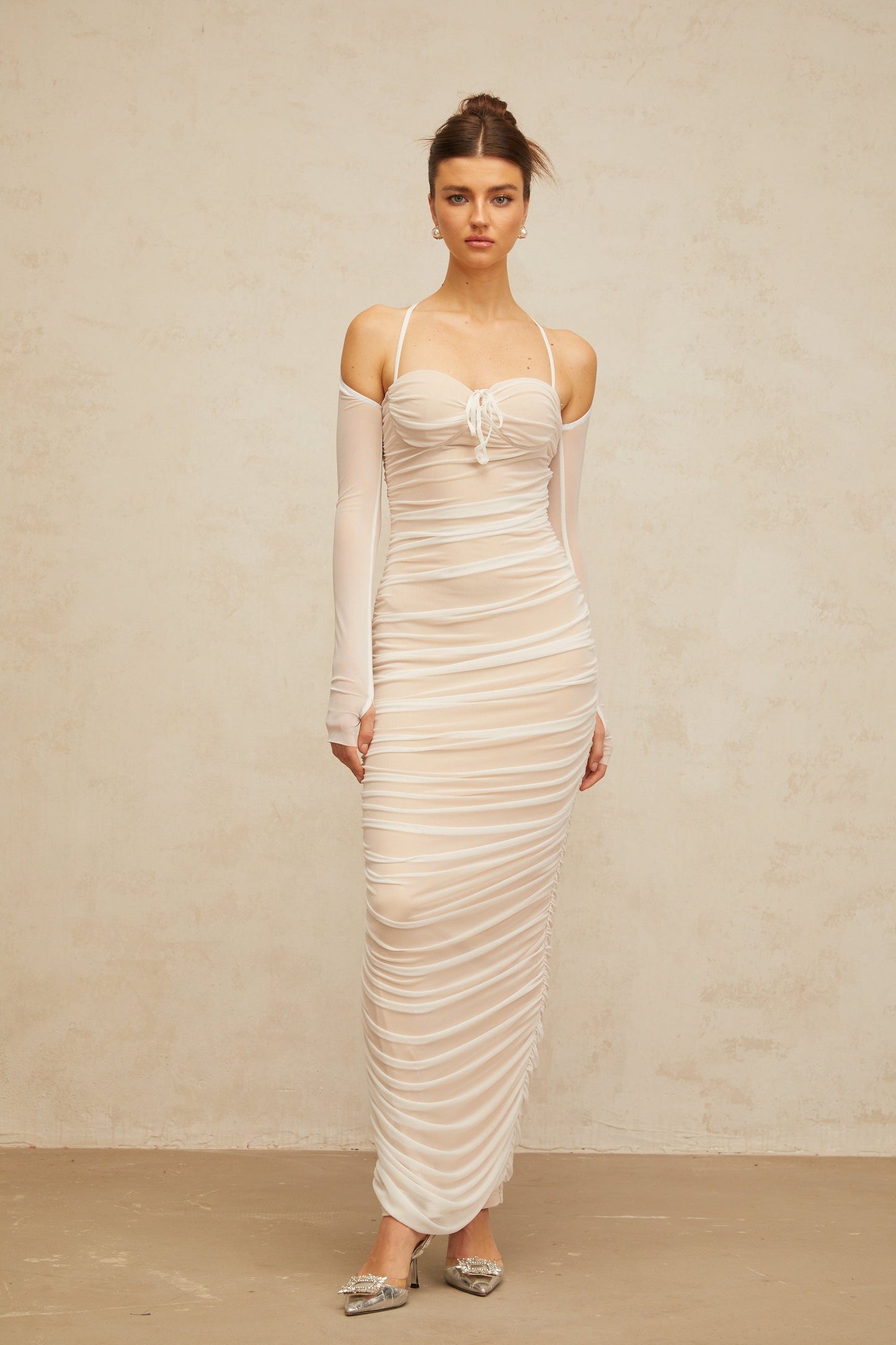 Ulysse white ruched bustier tulle maxi dress