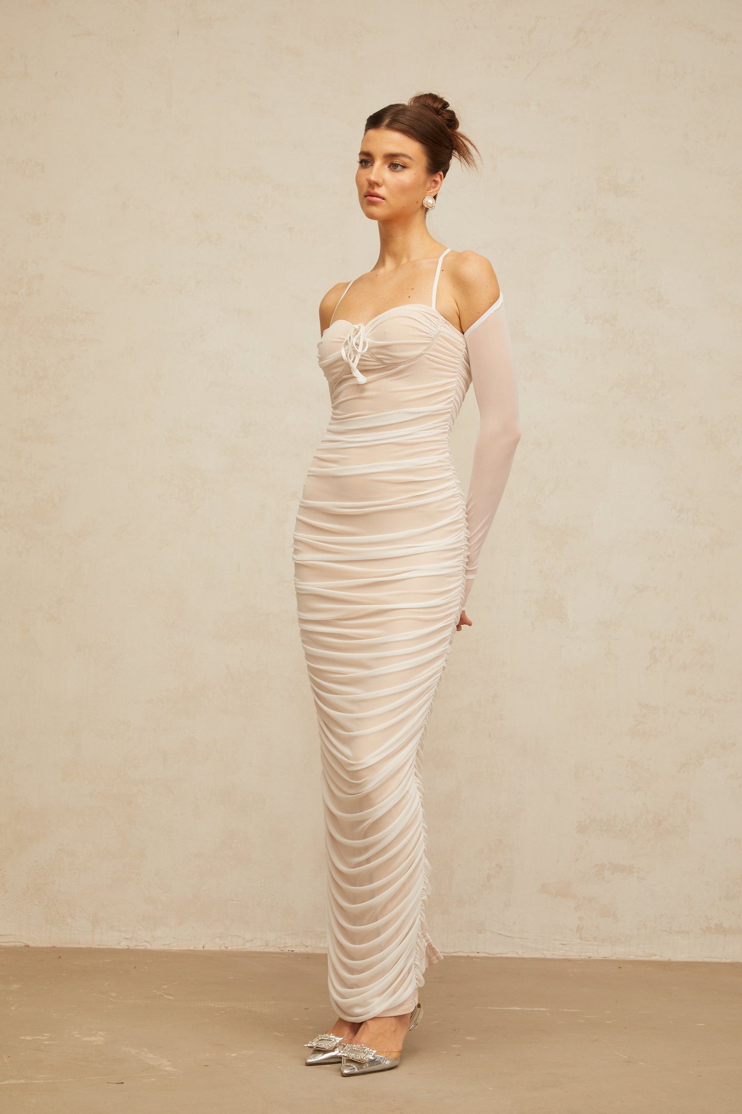 Ulysse white ruched bustier tulle maxi dress