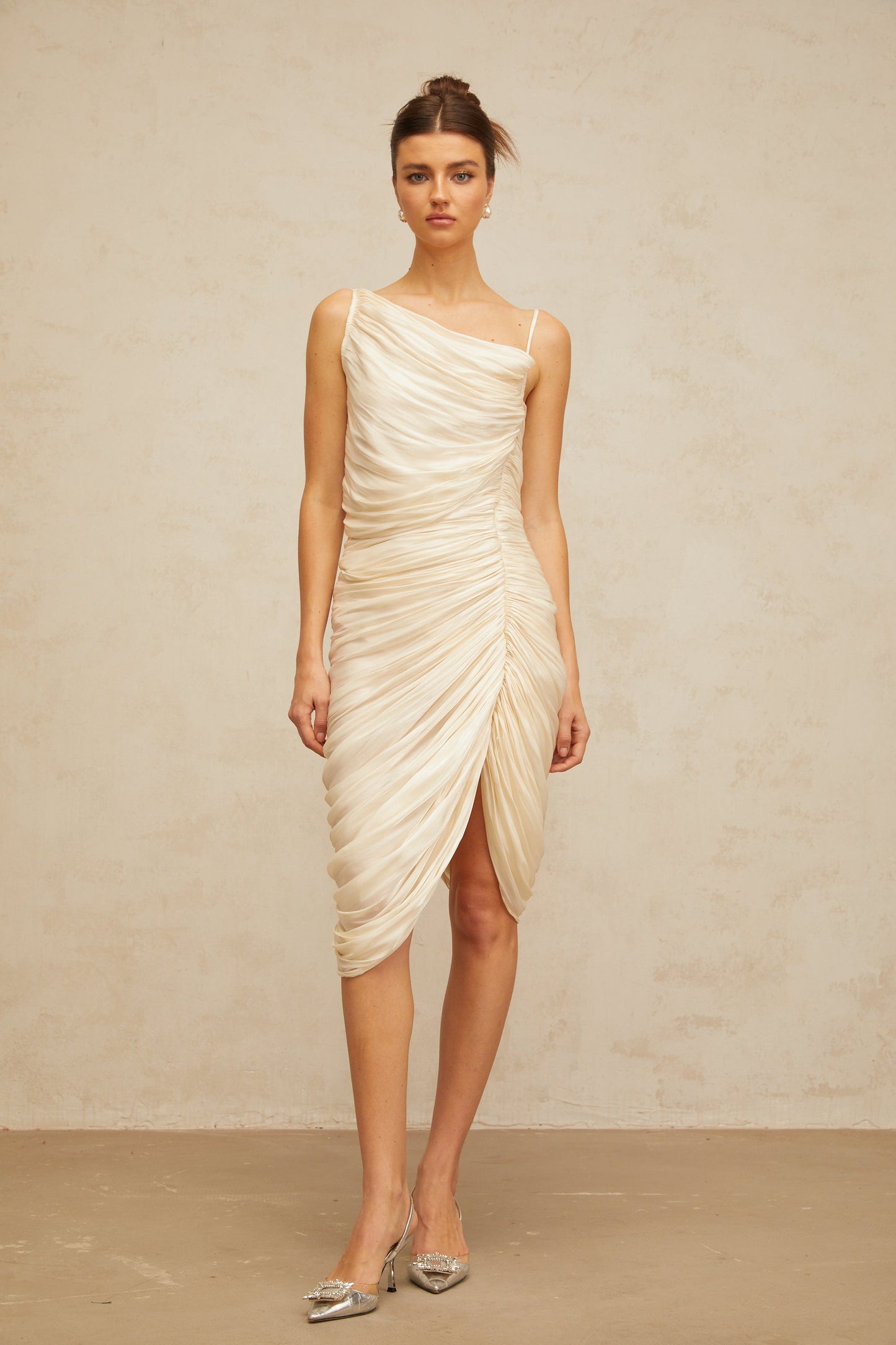Lison glossy ruched midi dress in Light-yellow