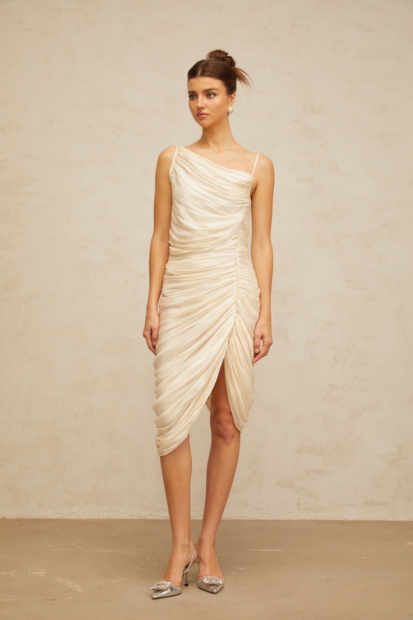 Lison glossy ruched midi dress in Light-yellow