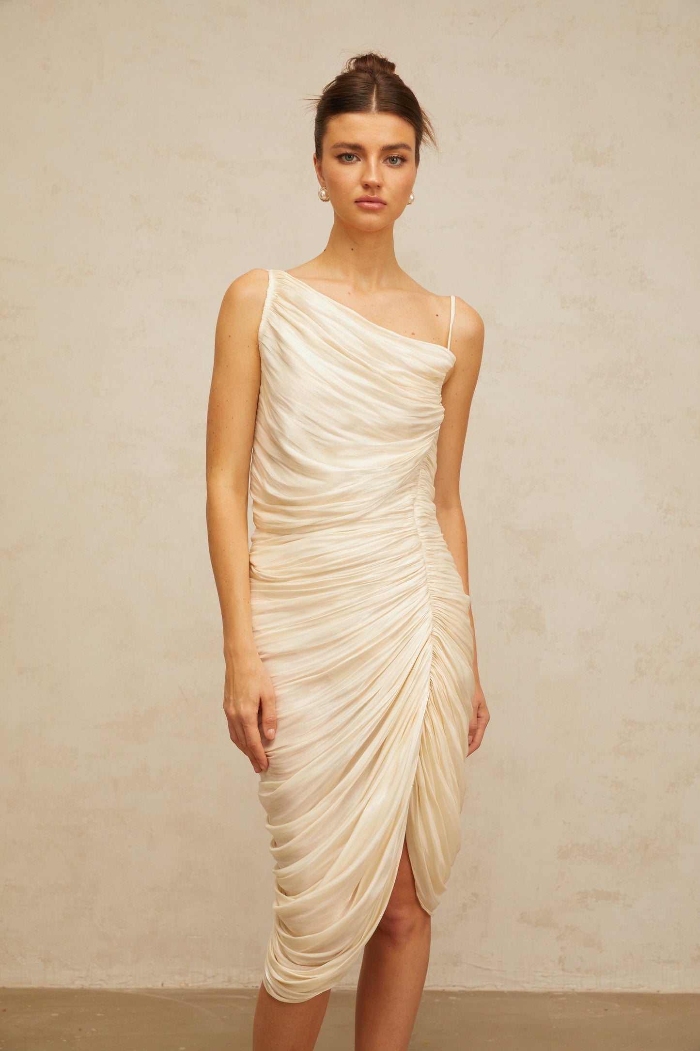 Lison glossy ruched midi dress in Light-yellow