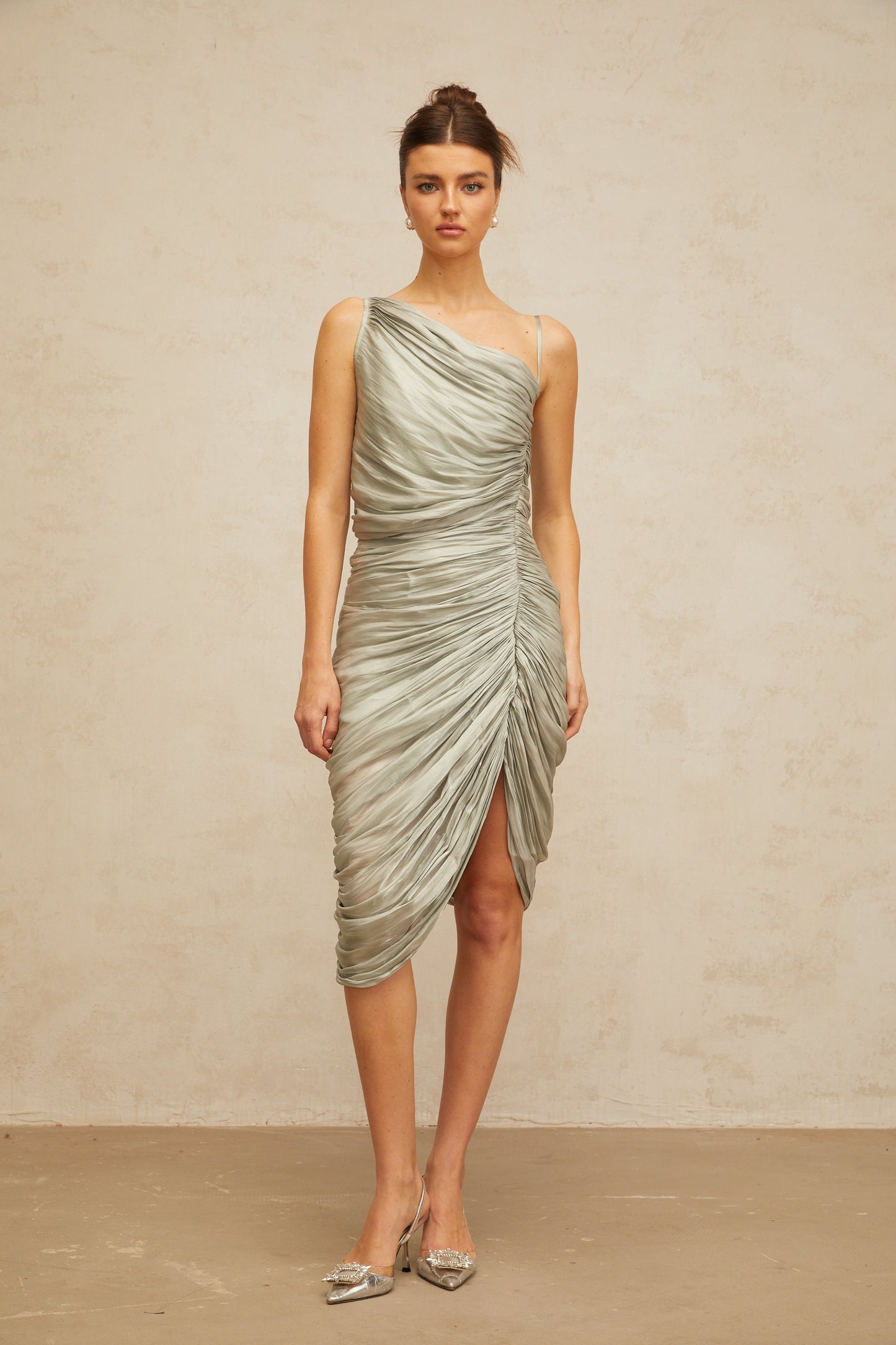 Lison glossy ruched midi dress in Grayish-green