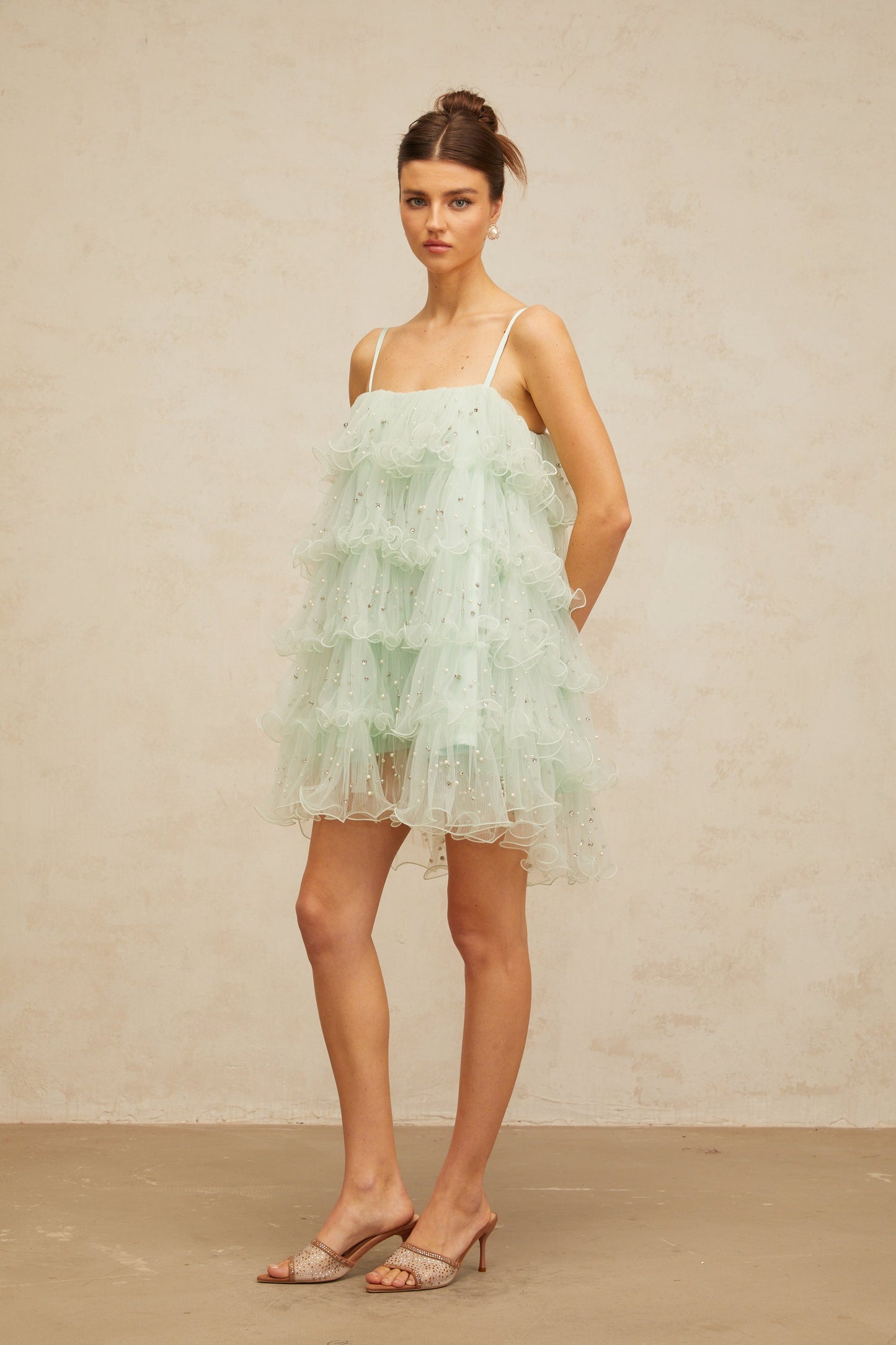 Airelle light-green embellished tiered tulle mini dress