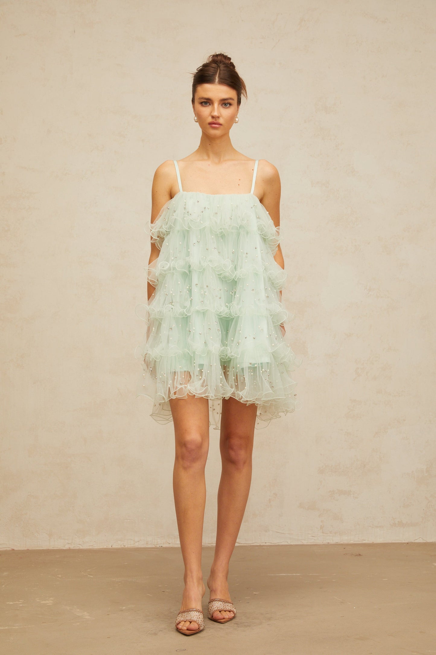 Airelle light-green embellished tiered tulle mini dress