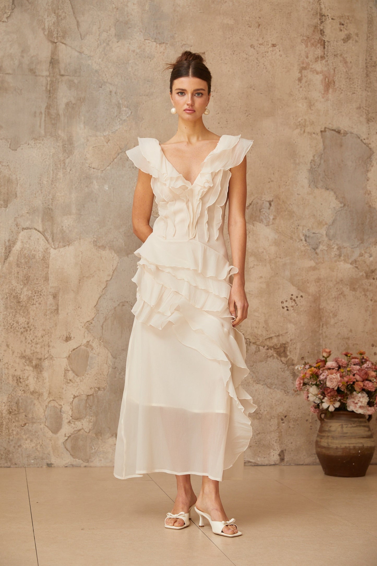 Hélène faux-flower layered ruffled maxi dress