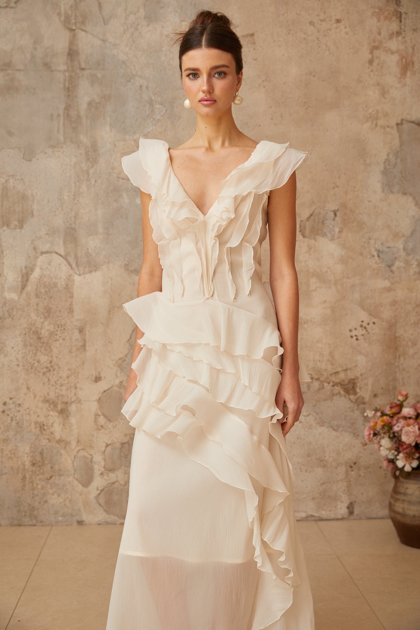 Hélène faux-flower layered ruffled maxi dress