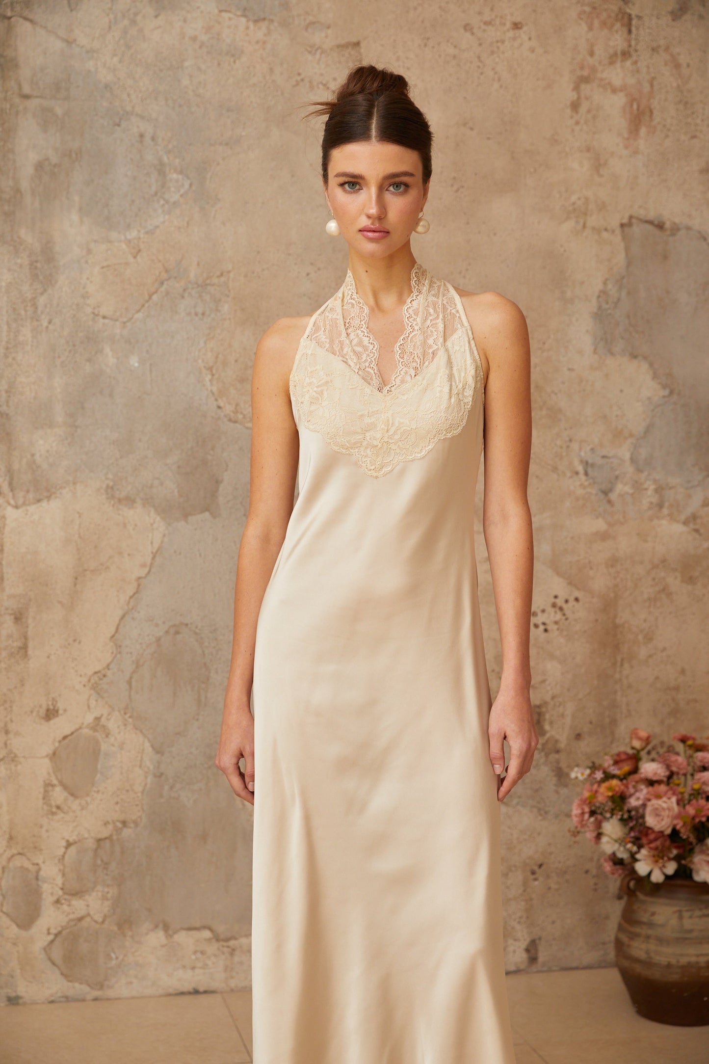 Vera white lace-trim satin maxi dress