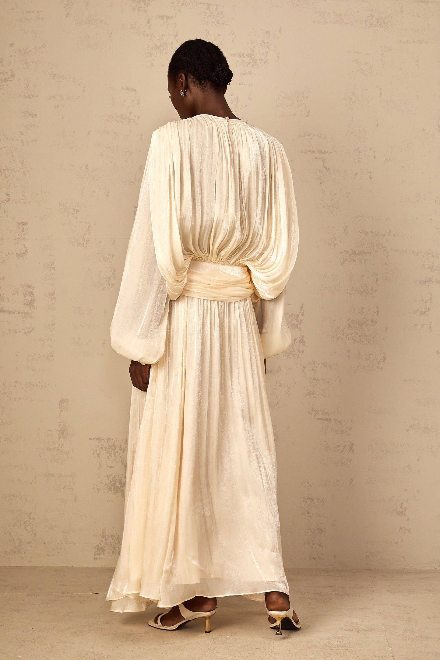 Eugénie Neutral Fully Pleated Ruffled Maxi Dress