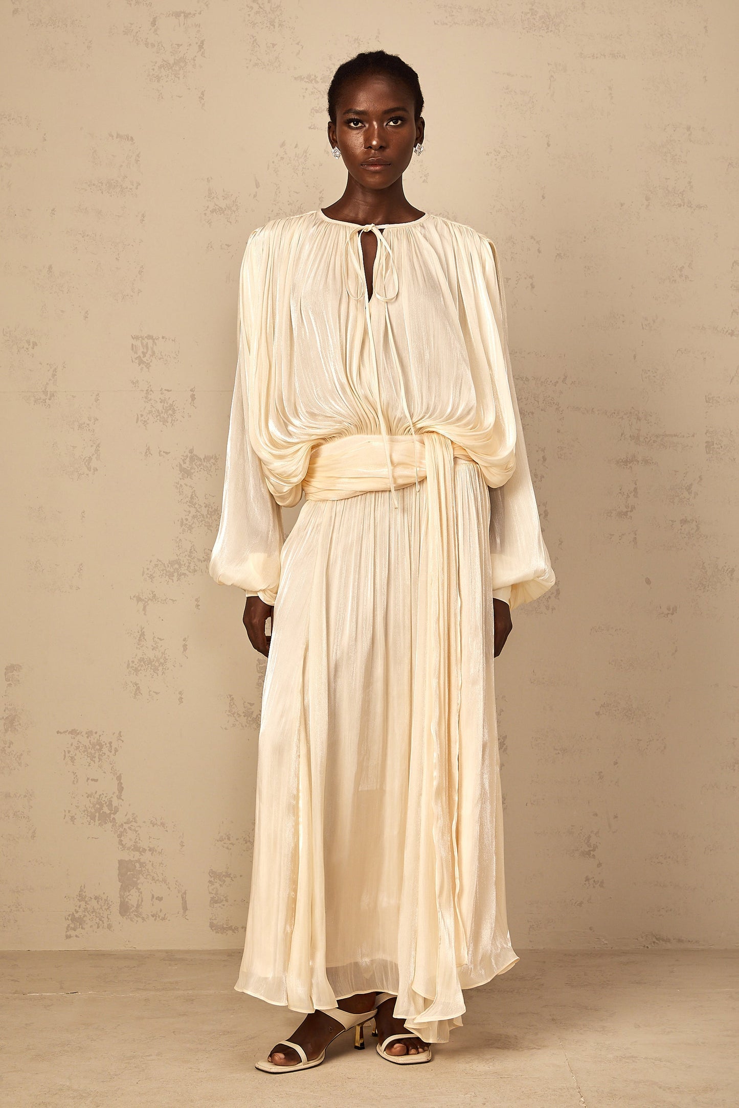 Eugénie Neutral Fully Pleated Ruffled Maxi Dress