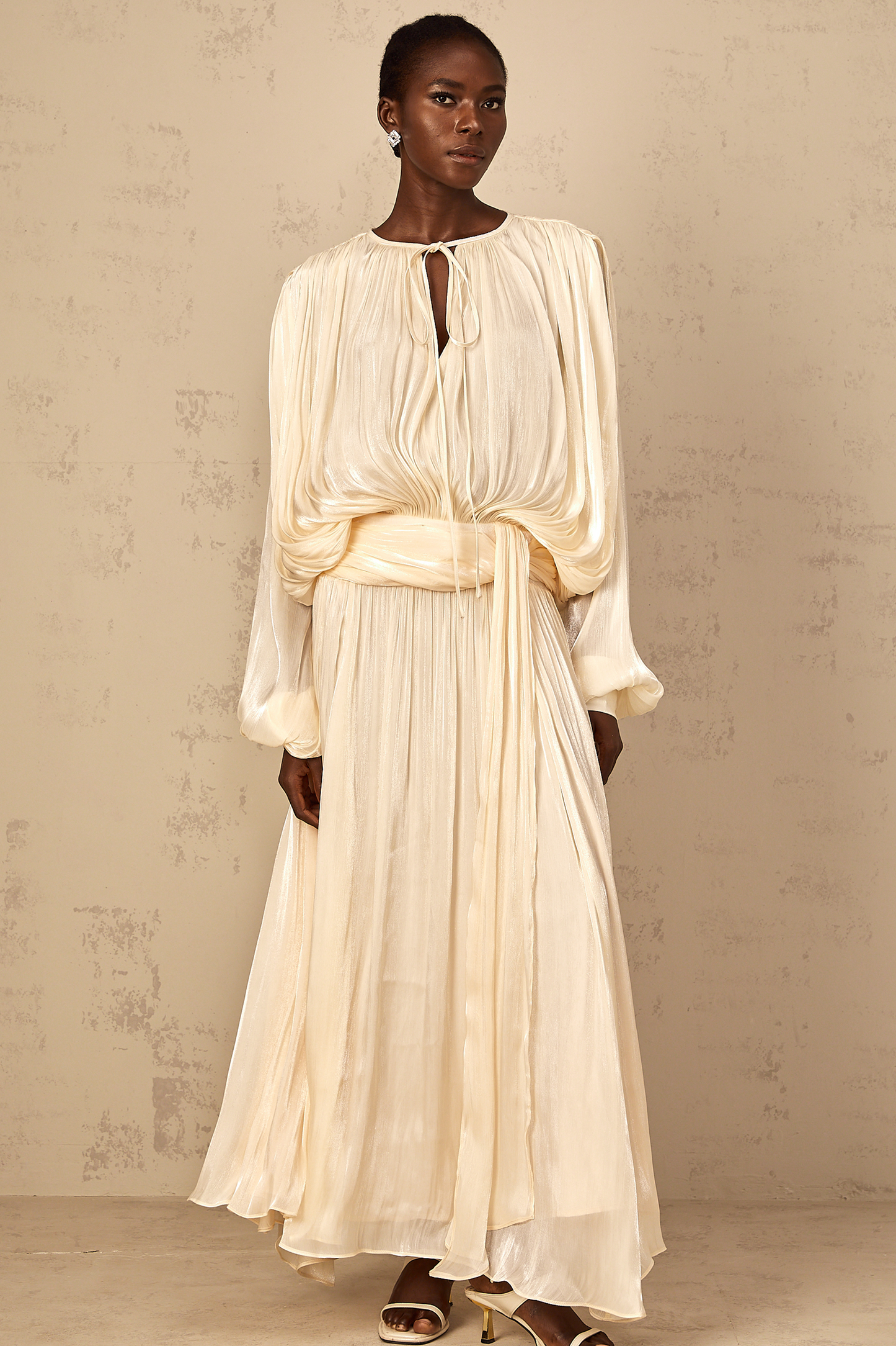Eugénie Neutral Fully Pleated Ruffled Maxi Dress