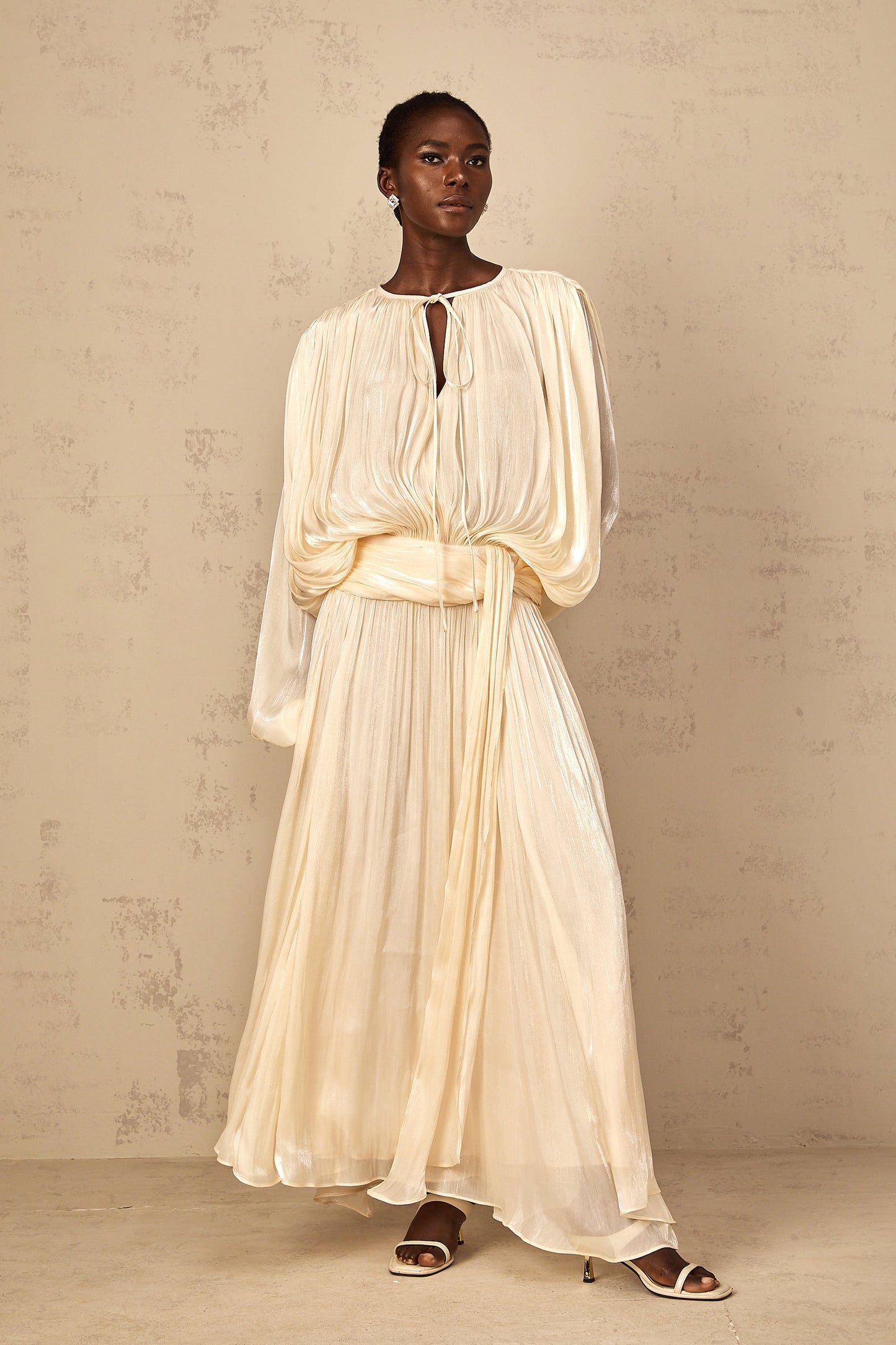 Eugénie Neutral Fully Pleated Ruffled Maxi Dress