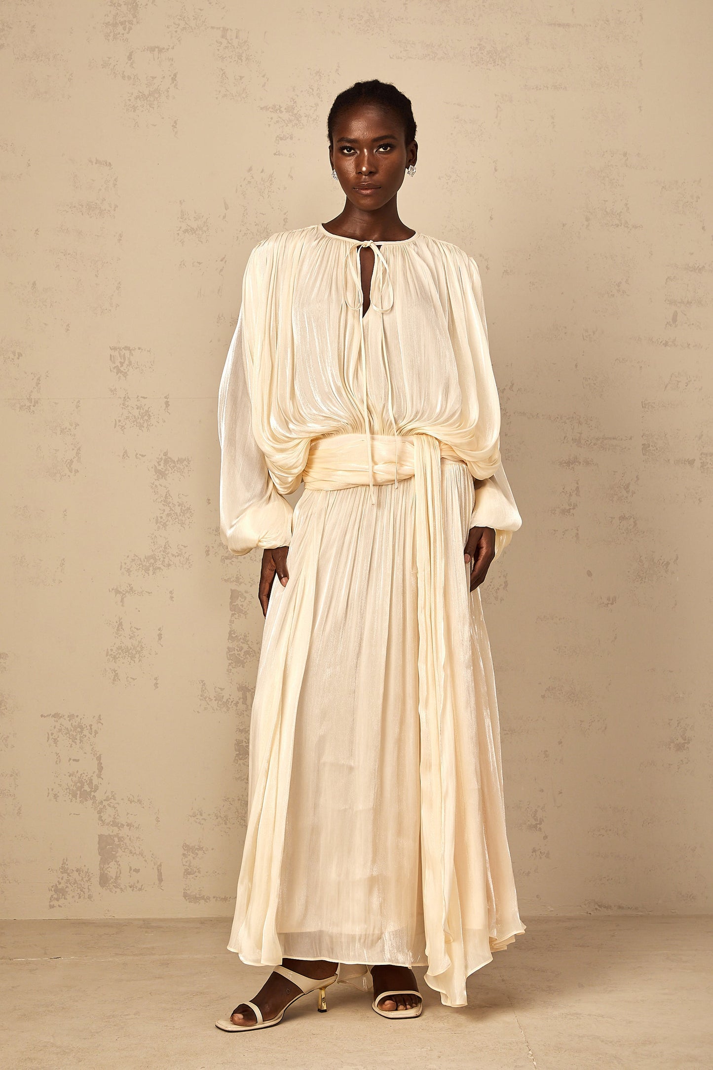 Eugénie Neutral Fully Pleated Ruffled Maxi Dress