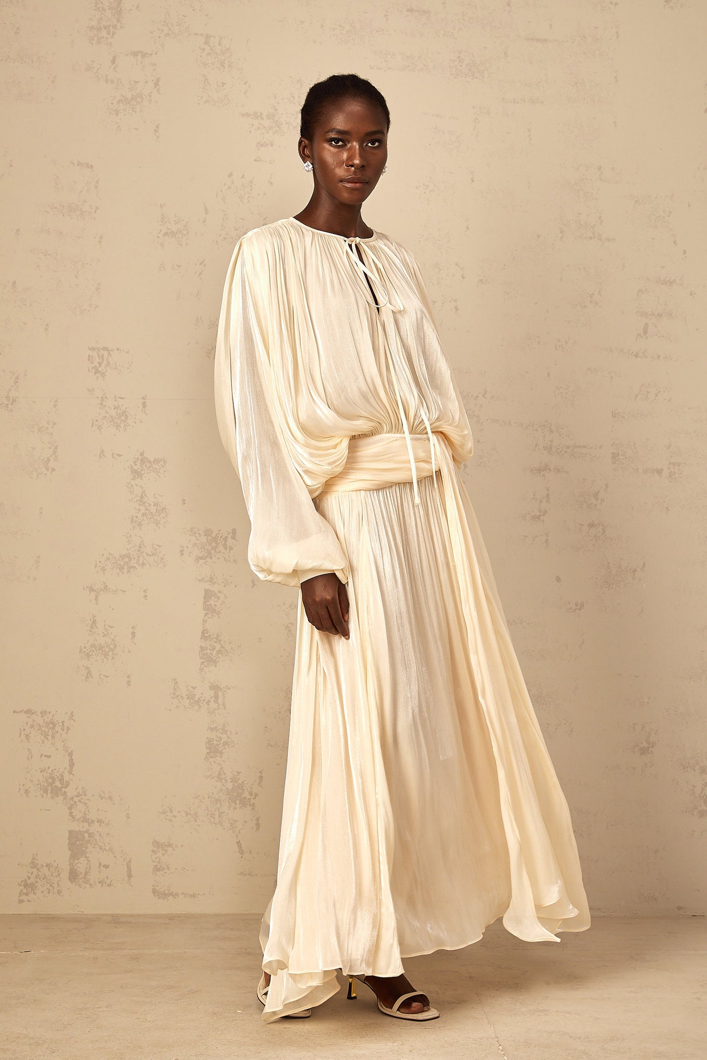 Eugénie Neutral Fully Pleated Ruffled Maxi Dress