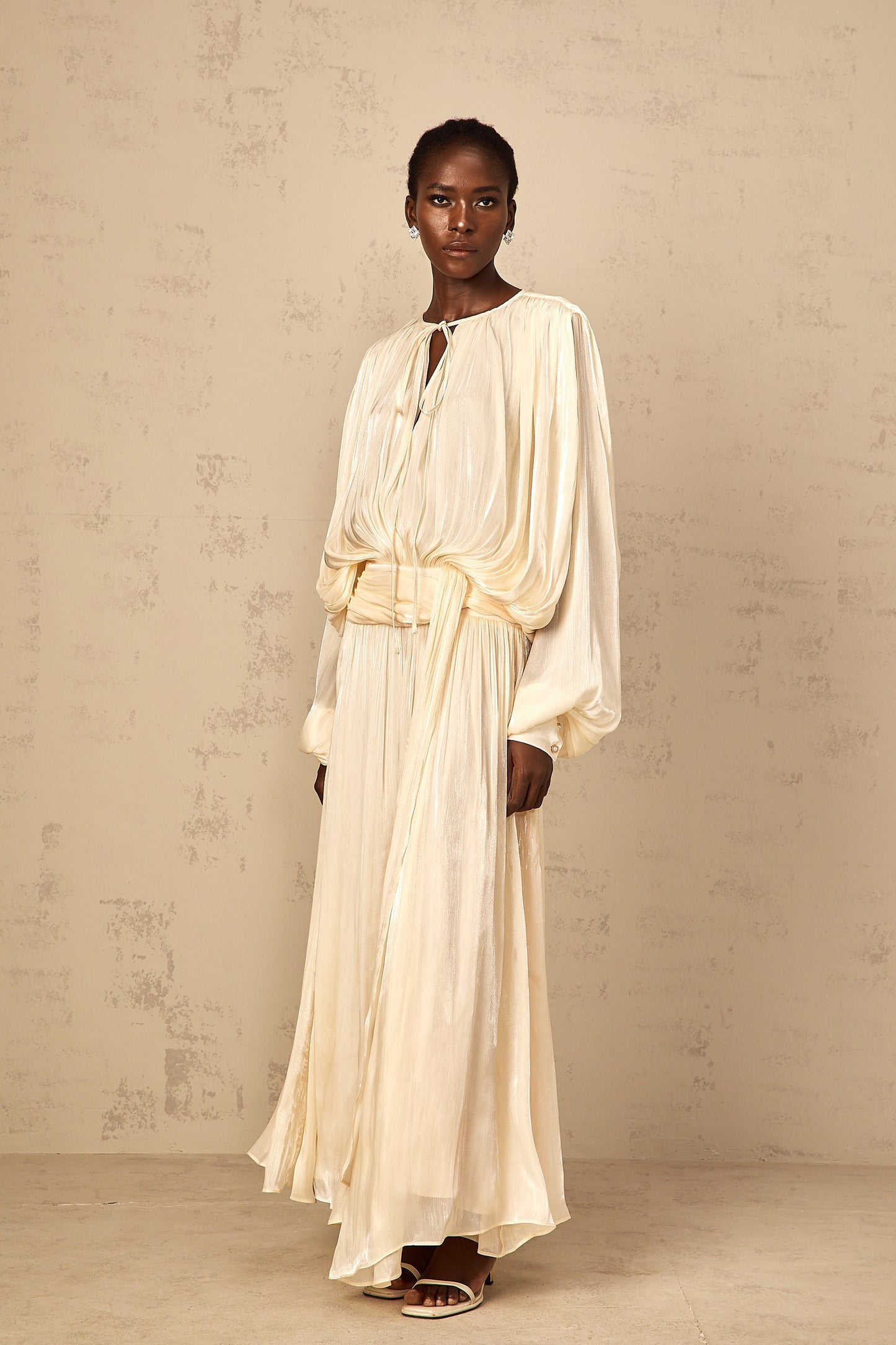 Eugénie Neutral Fully Pleated Ruffled Maxi Dress