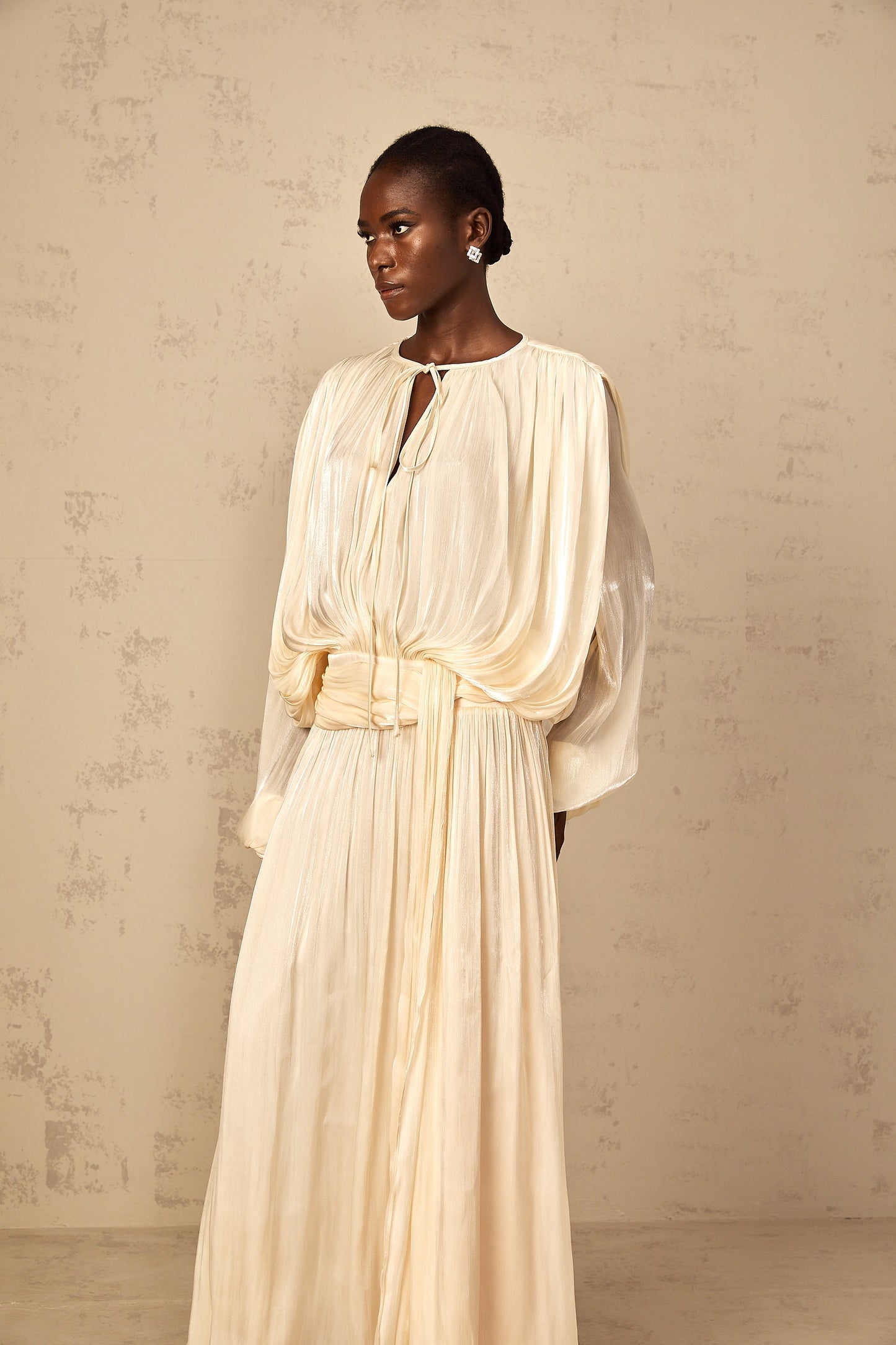 Eugénie Neutral Fully Pleated Ruffled Maxi Dress