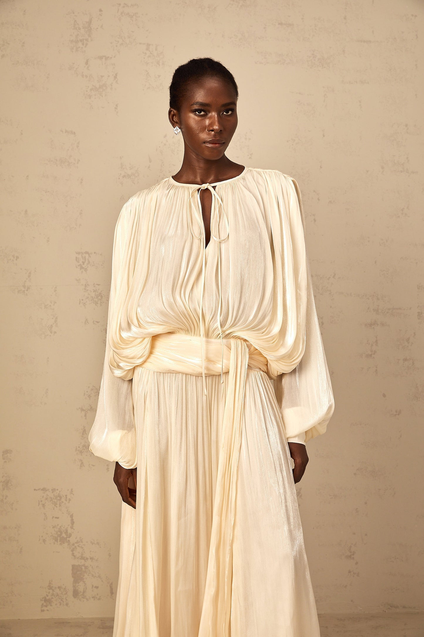 Eugénie Neutral Fully Pleated Ruffled Maxi Dress
