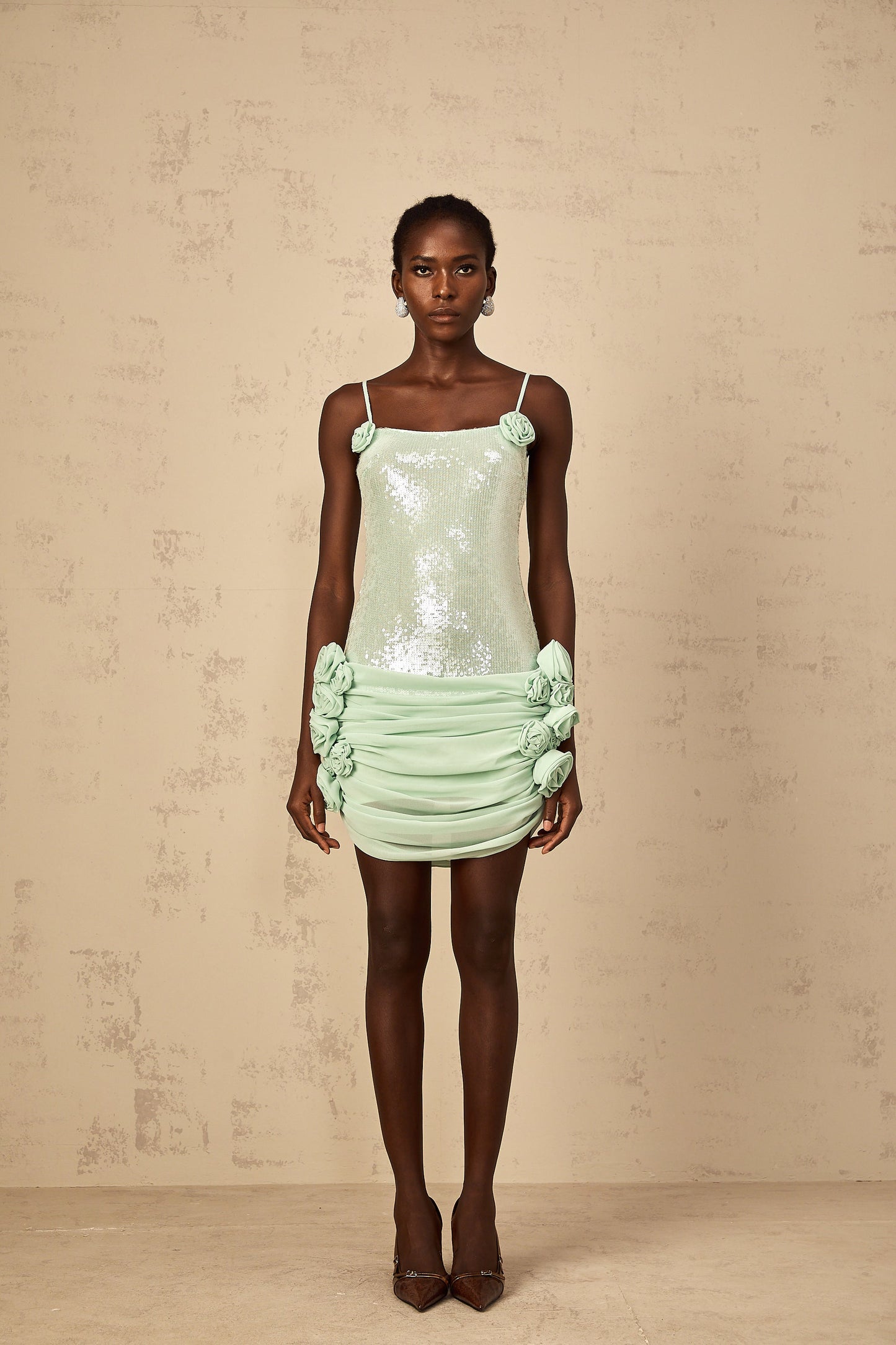 Élise green sequin-embellished floral mini dress