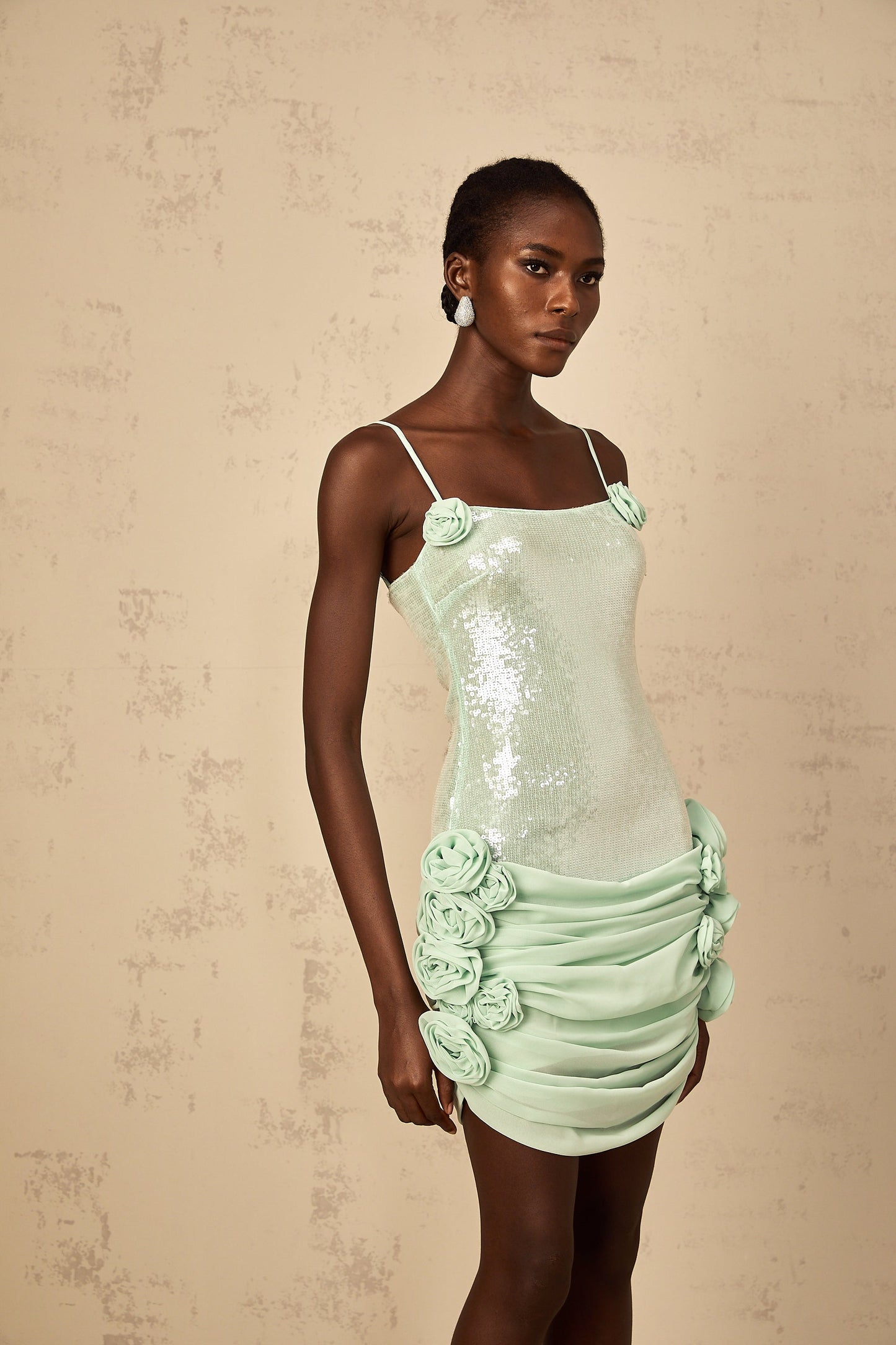Élise green sequin-embellished floral mini dress