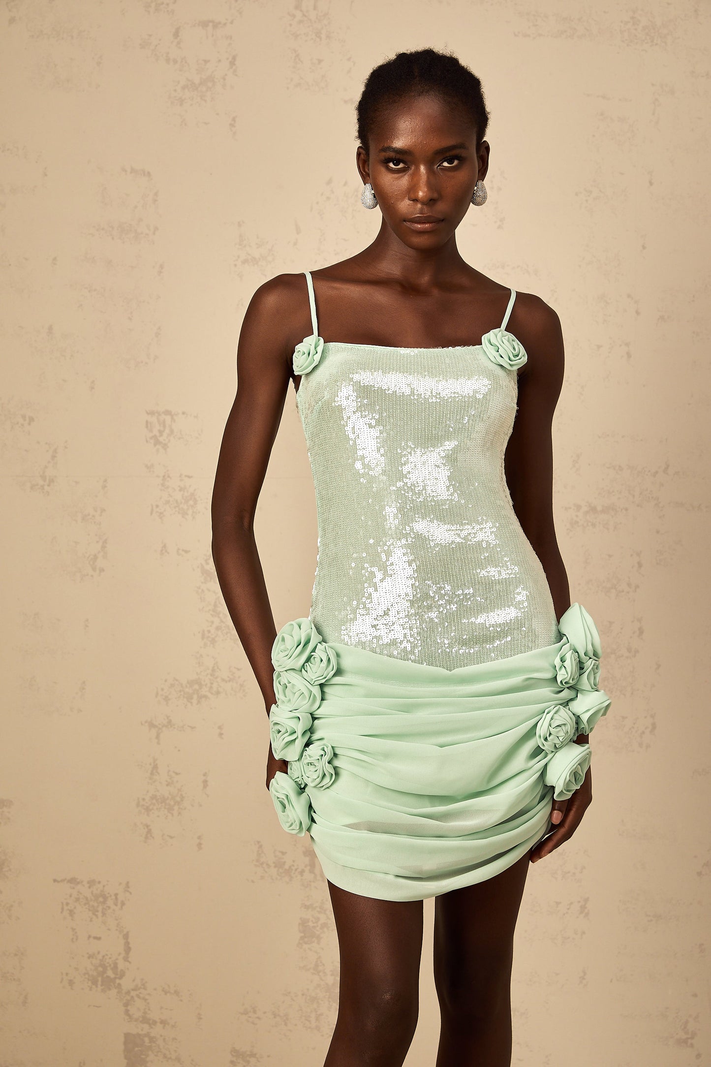 Élise green sequin-embellished floral mini dress
