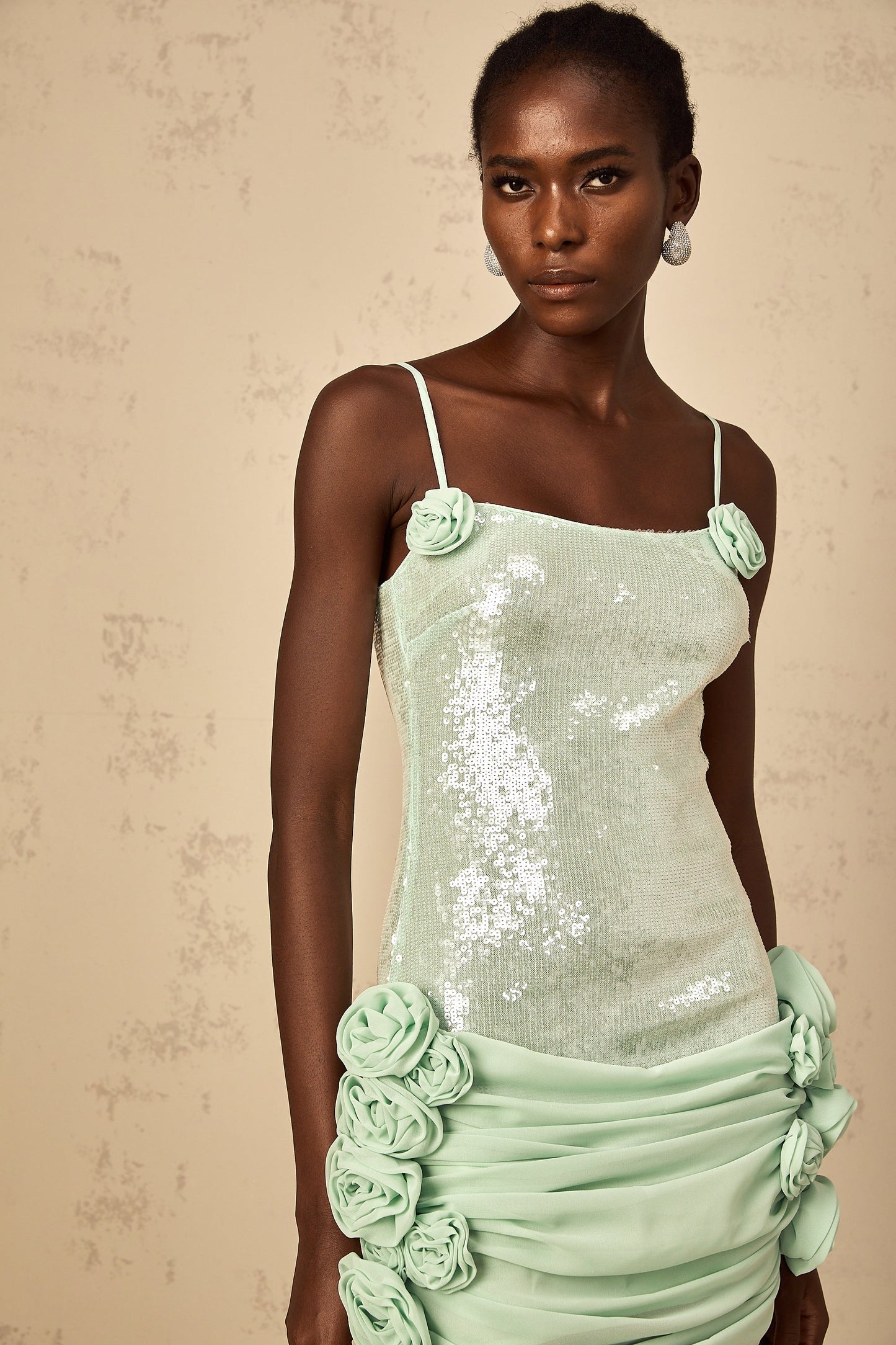 Élise green sequin-embellished floral mini dress