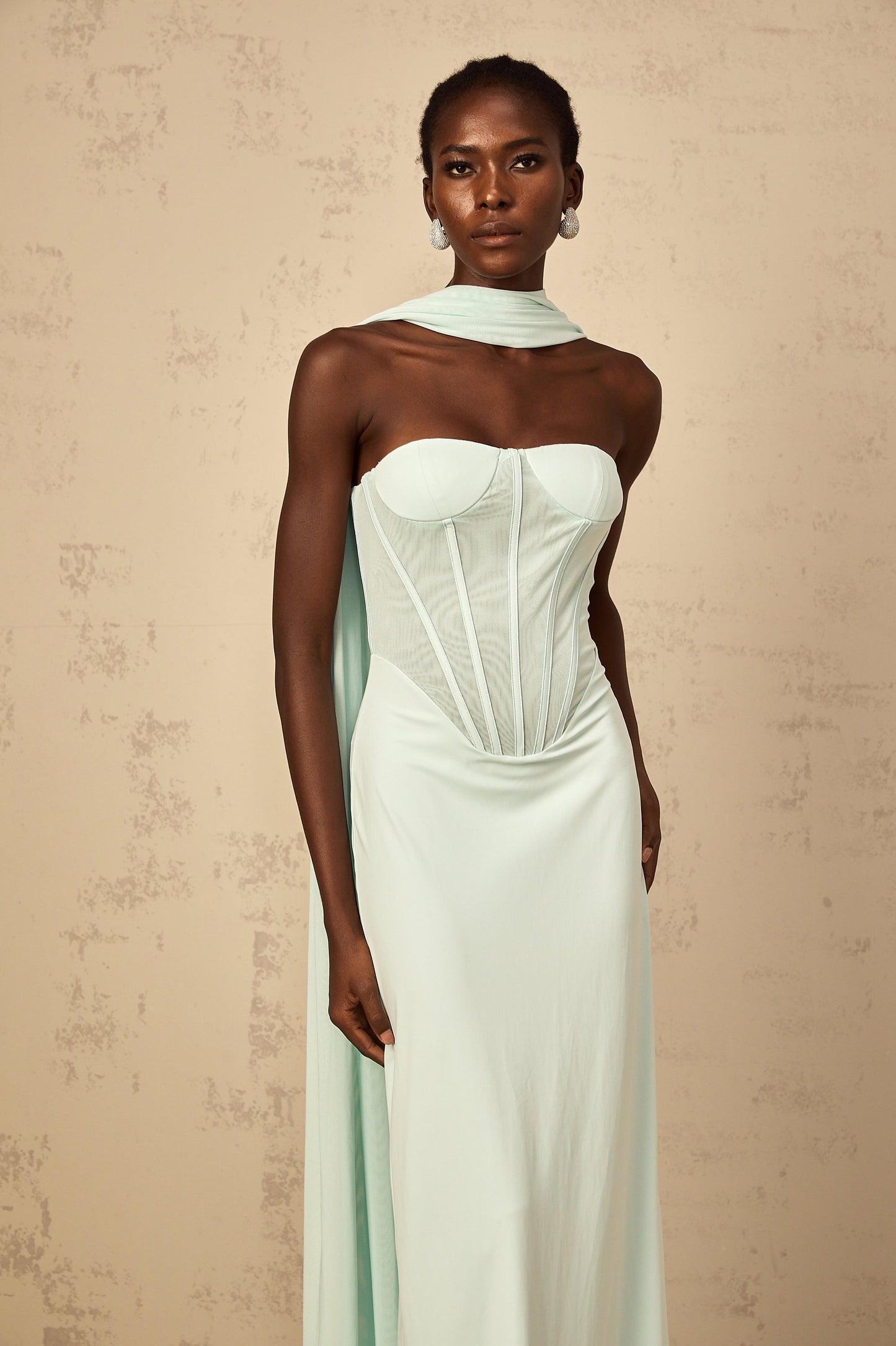 Béryl mint-green tulle-panel corset maxi dress