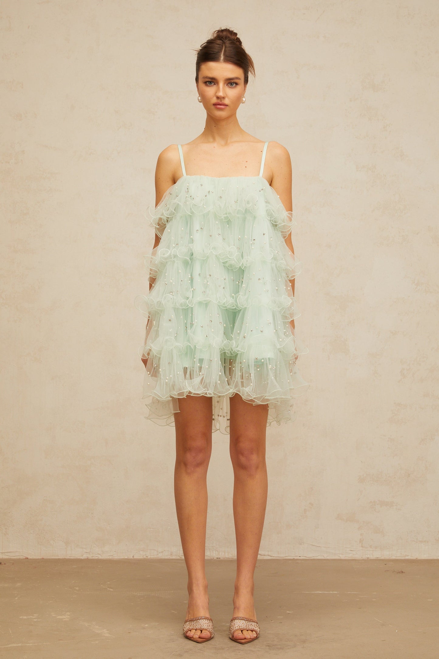 Airelle light-green embellished tiered tulle mini dress