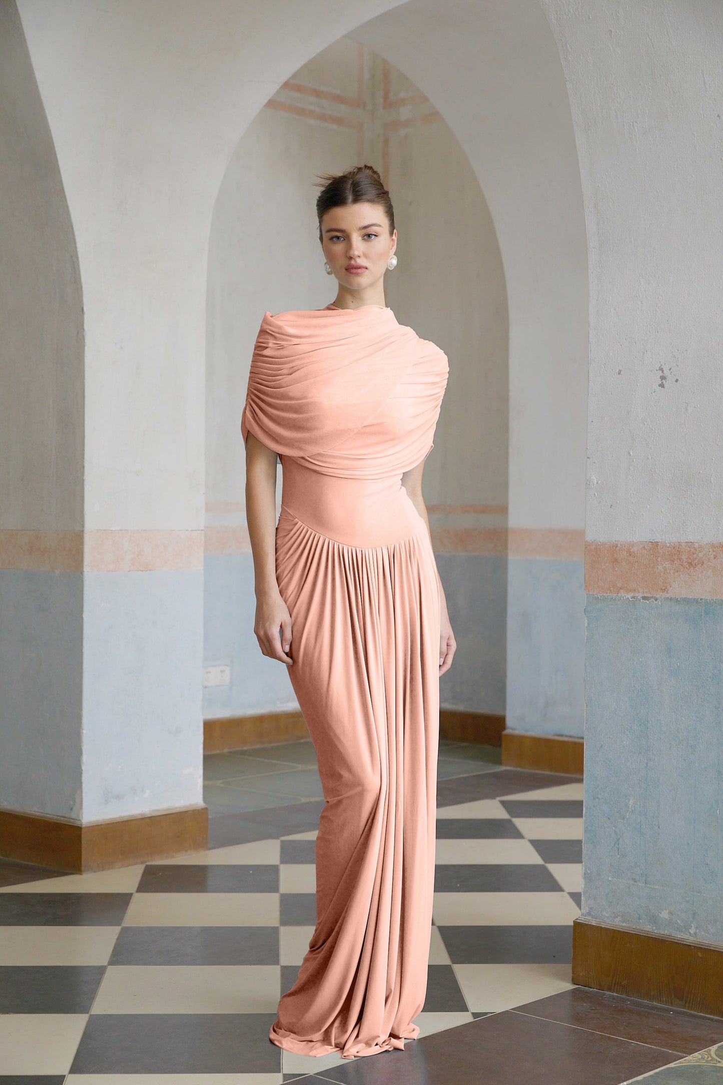 Vestale Asymmetrical Pleated Maxi Dress