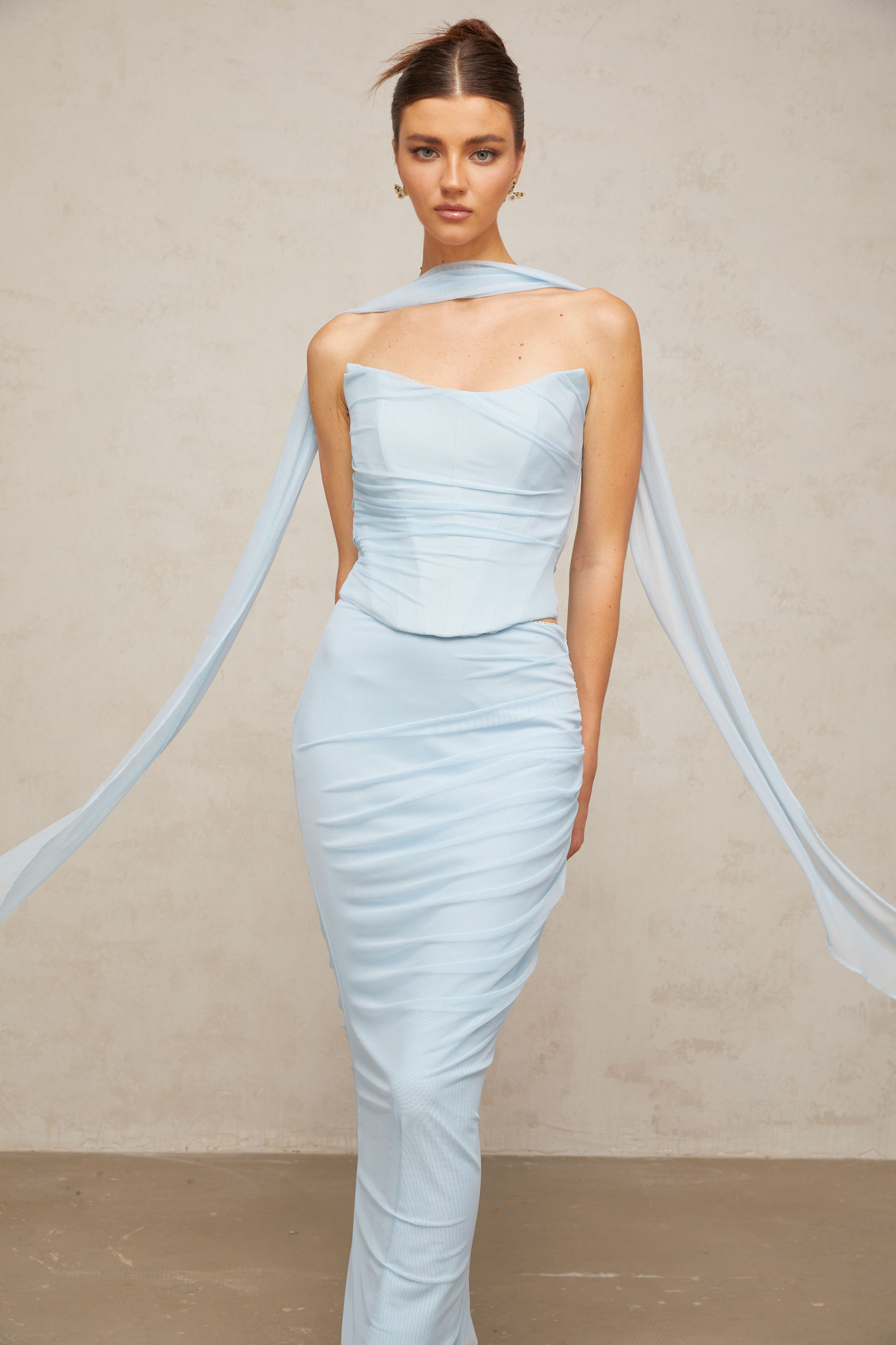 Léa blue ruched tulle top & skirt matching set